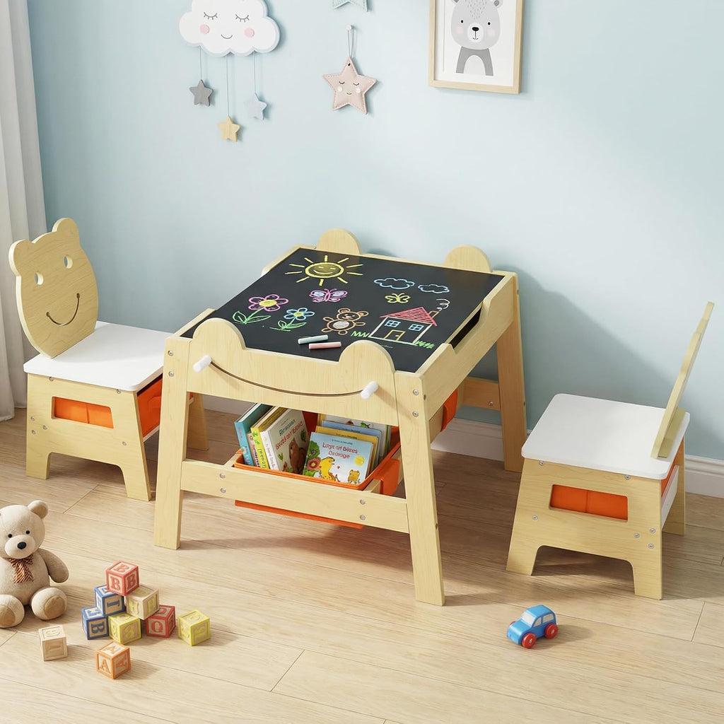 OLAKIDS Kids Table and Chair Set, 4 in 1 Wooden Activity Desk with Reversible Detachable Tabletop