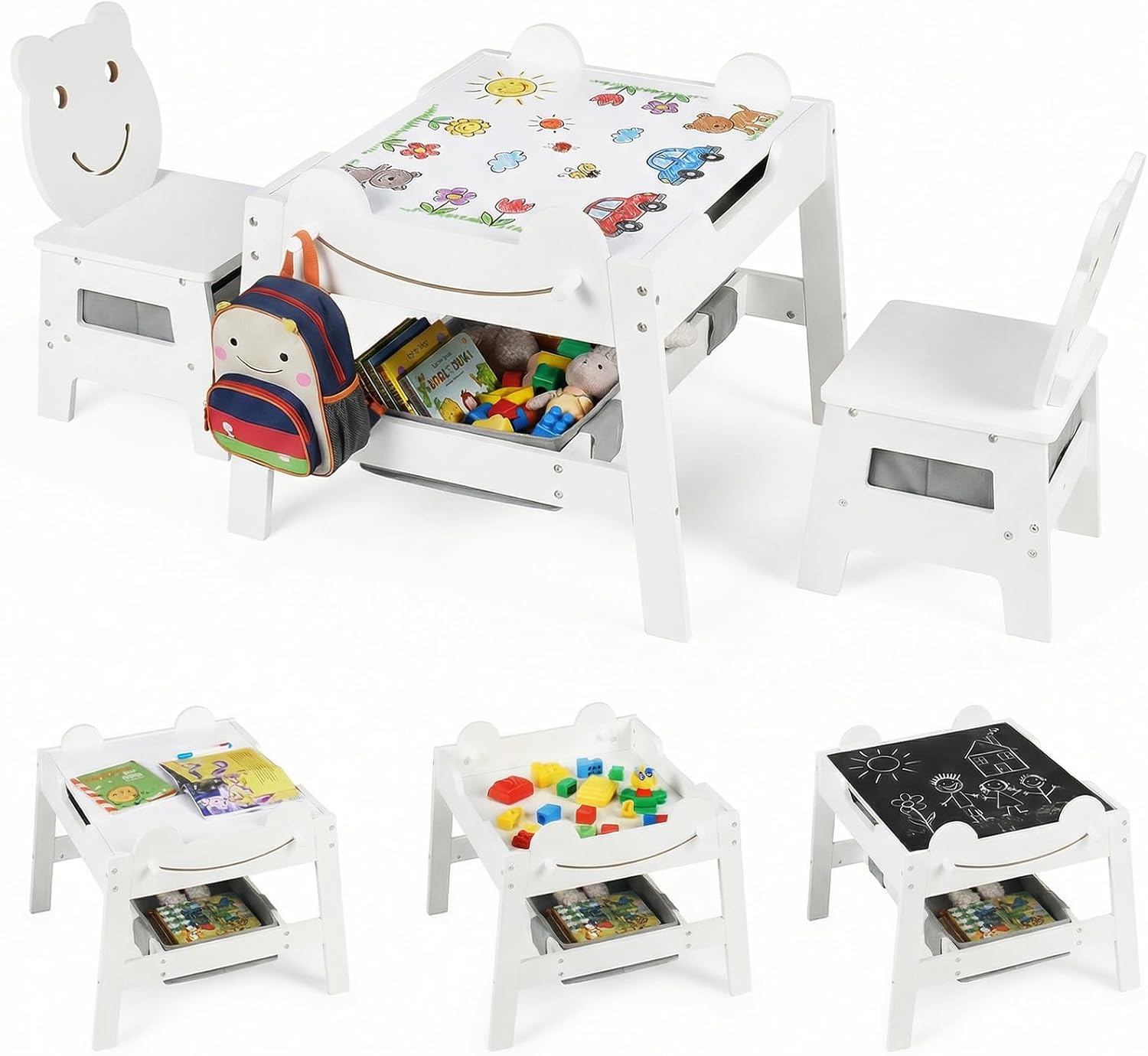 OLAKIDS Kids Table and Chair Set, 4 in 1 Wooden Activity Desk with Reversible Detachable Tabletop