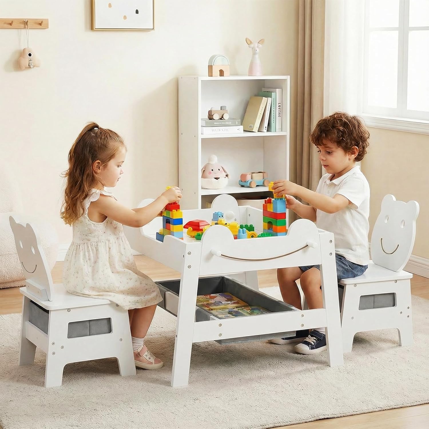 OLAKIDS Kids Table and Chair Set, 4 in 1 Wooden Activity Desk with Reversible Detachable Tabletop