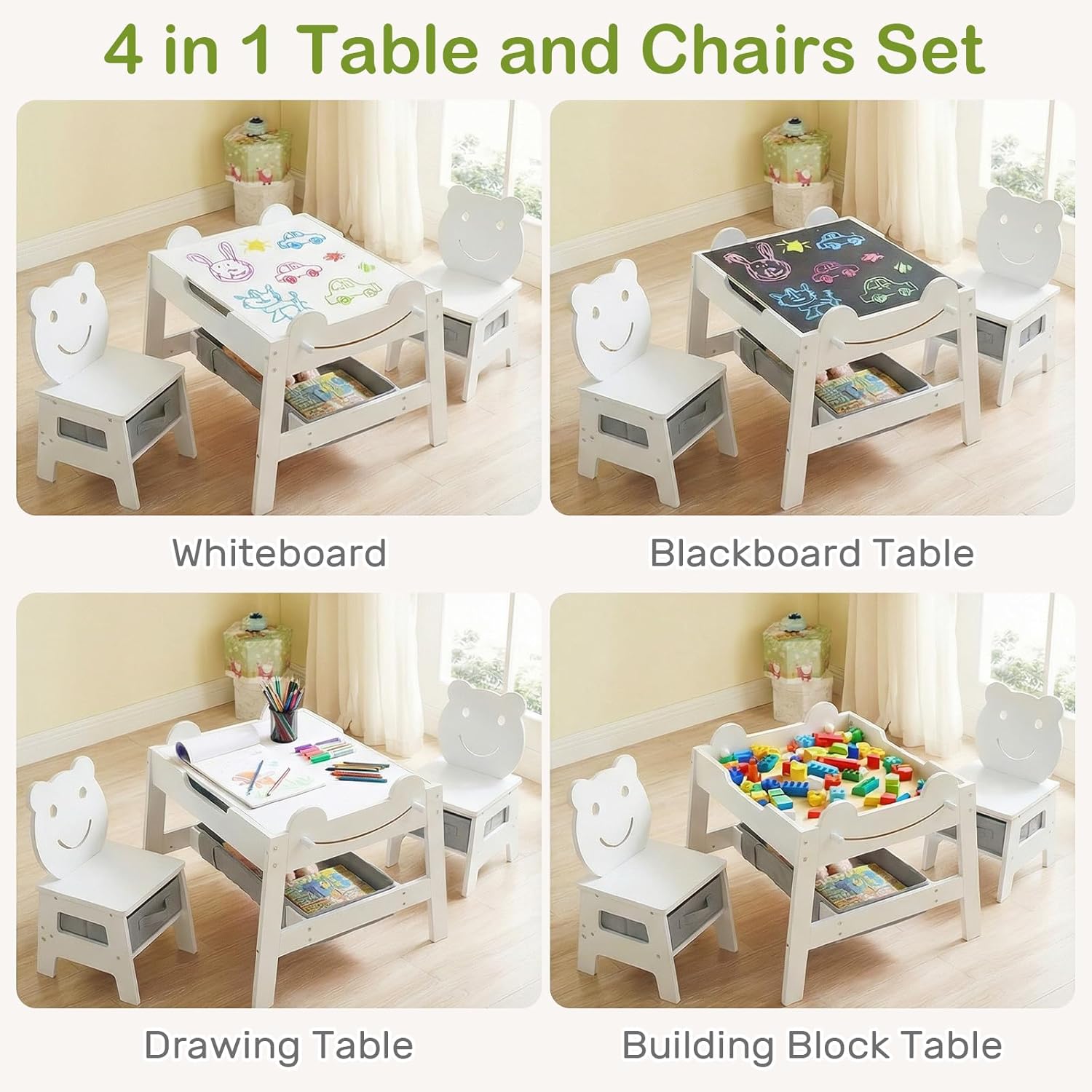OLAKIDS Kids Table and Chair Set, 4 in 1 Wooden Activity Desk with Reversible Detachable Tabletop
