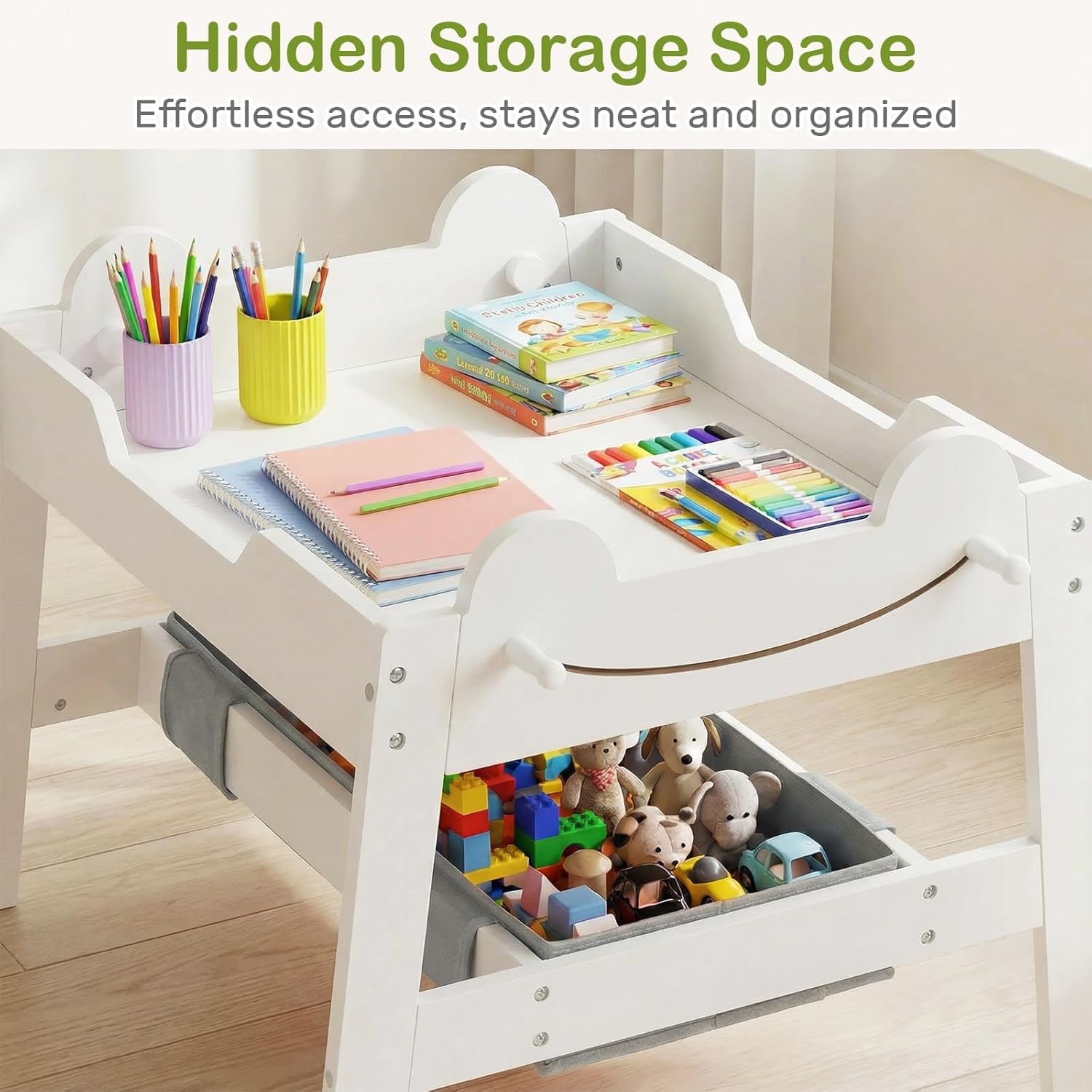 OLAKIDS Kids Table and Chair Set, 4 in 1 Wooden Activity Desk with Reversible Detachable Tabletop