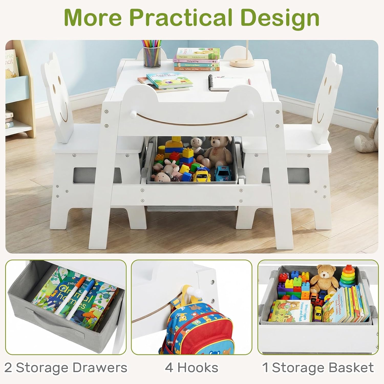 OLAKIDS Kids Table and Chair Set, 4 in 1 Wooden Activity Desk with Reversible Detachable Tabletop