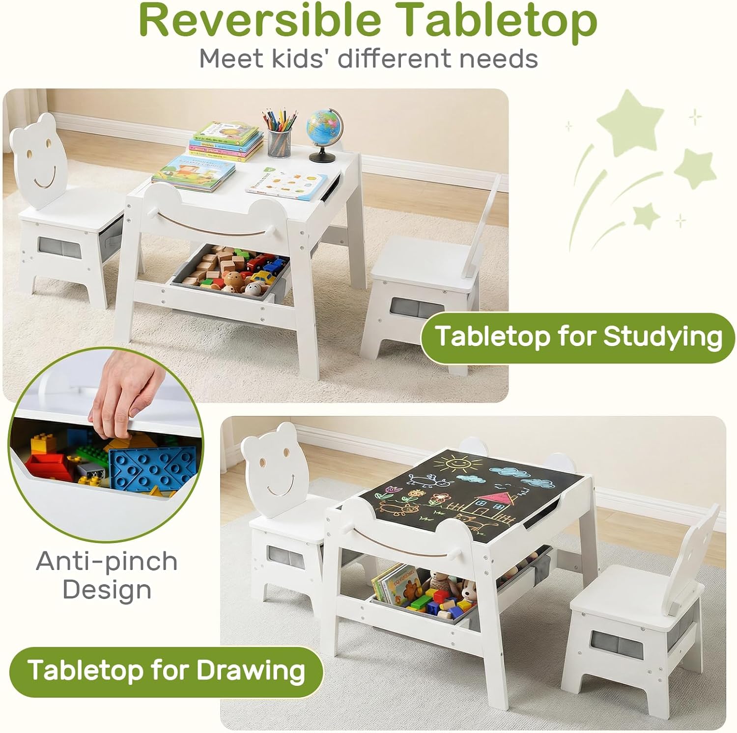 OLAKIDS Kids Table and Chair Set, 4 in 1 Wooden Activity Desk with Reversible Detachable Tabletop