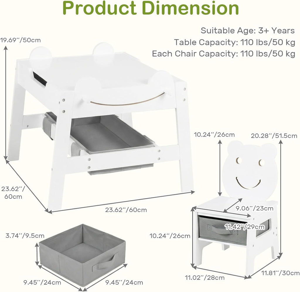 OLAKIDS Kids Table and Chair Set, 4 in 1 Wooden Activity Desk with Reversible Detachable Tabletop
