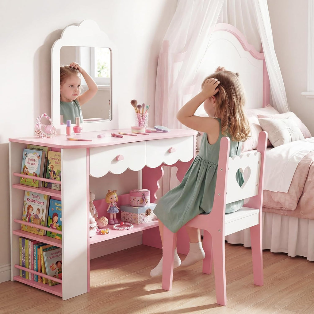 Olakids Kids Vanity Set, Makeup Desk with Mirror, Shelves & Drawers, Table Chair for Girls 3+