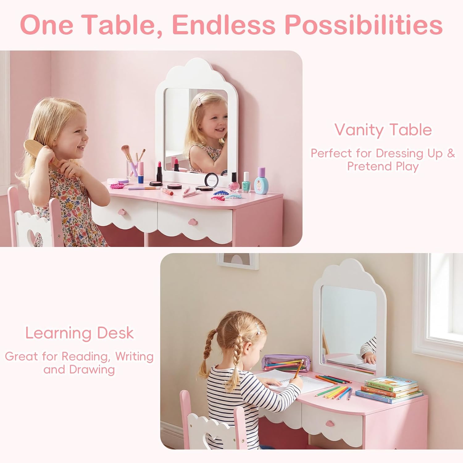 Olakids Kids Vanity Set, Makeup Desk with Mirror, Shelves & Drawers, Table Chair for Girls 3+