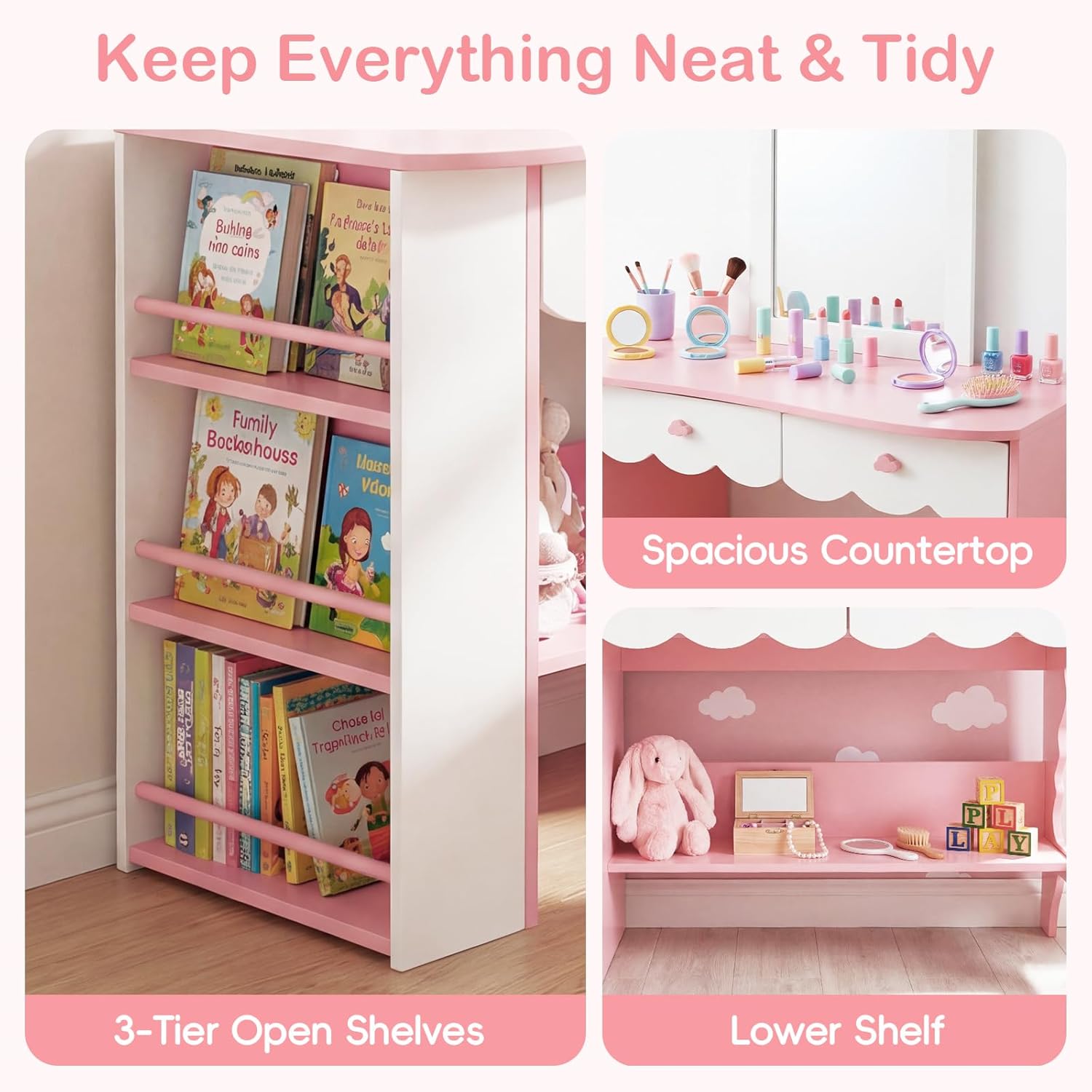 Olakids Kids Vanity Set, Makeup Desk with Mirror, Shelves & Drawers, Table Chair for Girls 3+