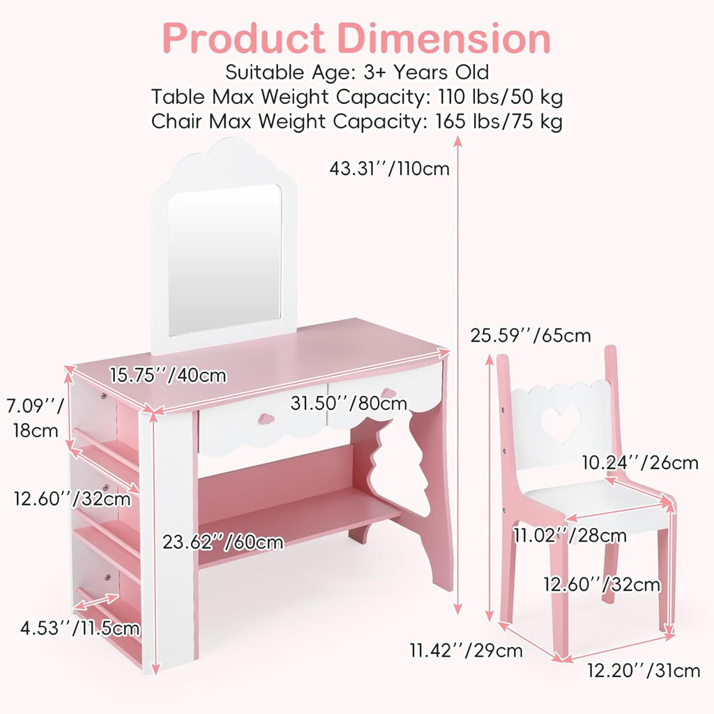 Olakids Kids Vanity Set, Makeup Desk with Mirror, Shelves & Drawers, Table Chair for Girls 3+