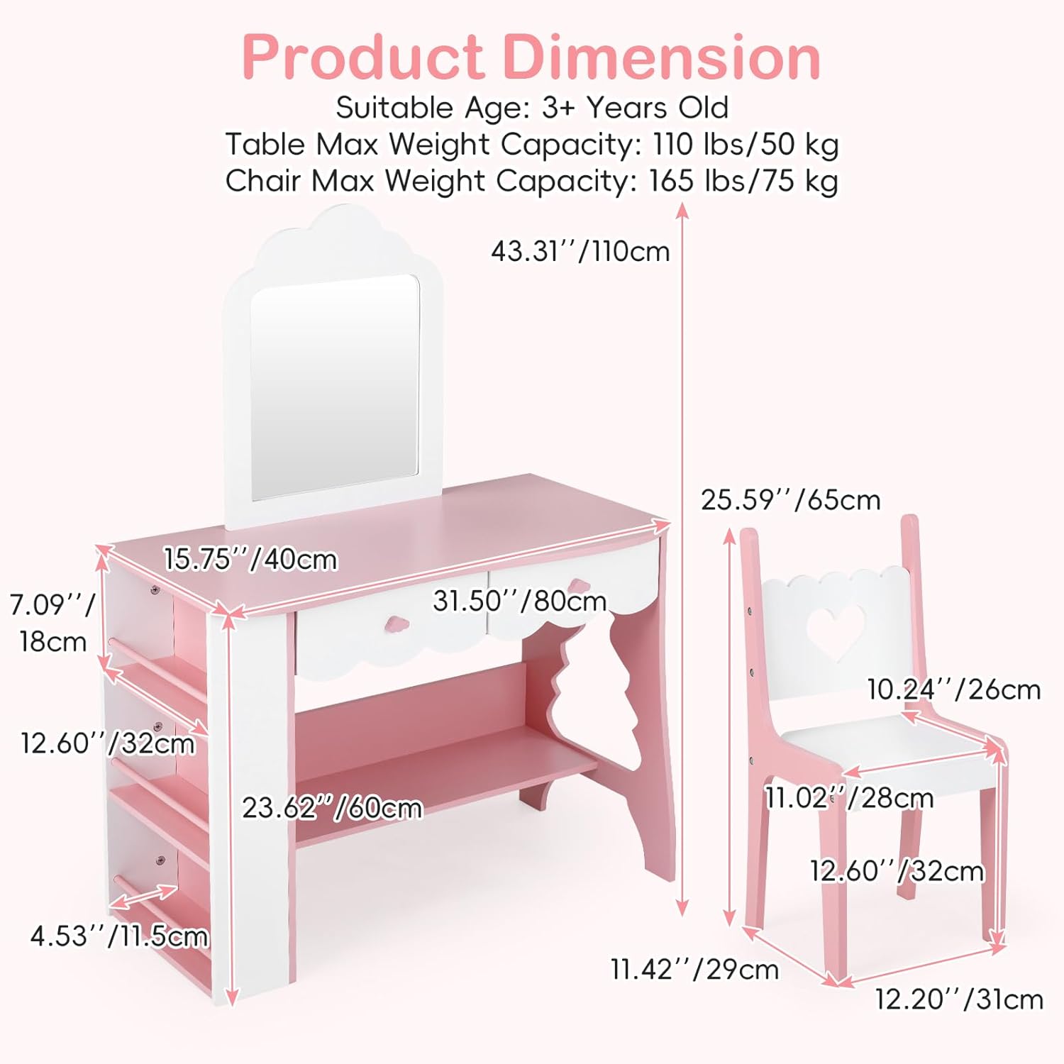 Olakids Kids Vanity Set, Makeup Desk with Mirror, Shelves & Drawers, Table Chair for Girls 3+