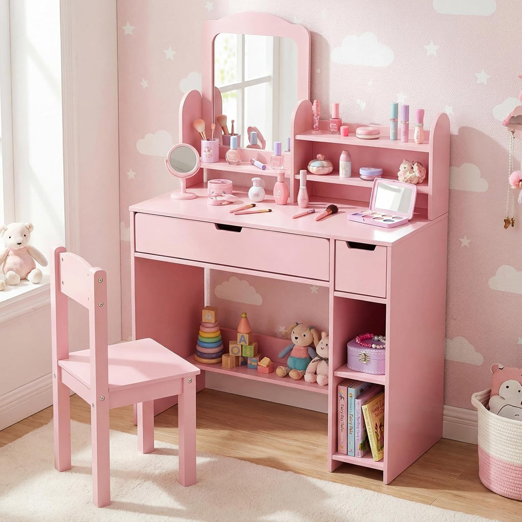 Olakids Kids Vanity Table & Chair Set, Princess Makeup Desk with Mirror, Storage Shelves & Drawers, Pretend Playset for Girls 3+
