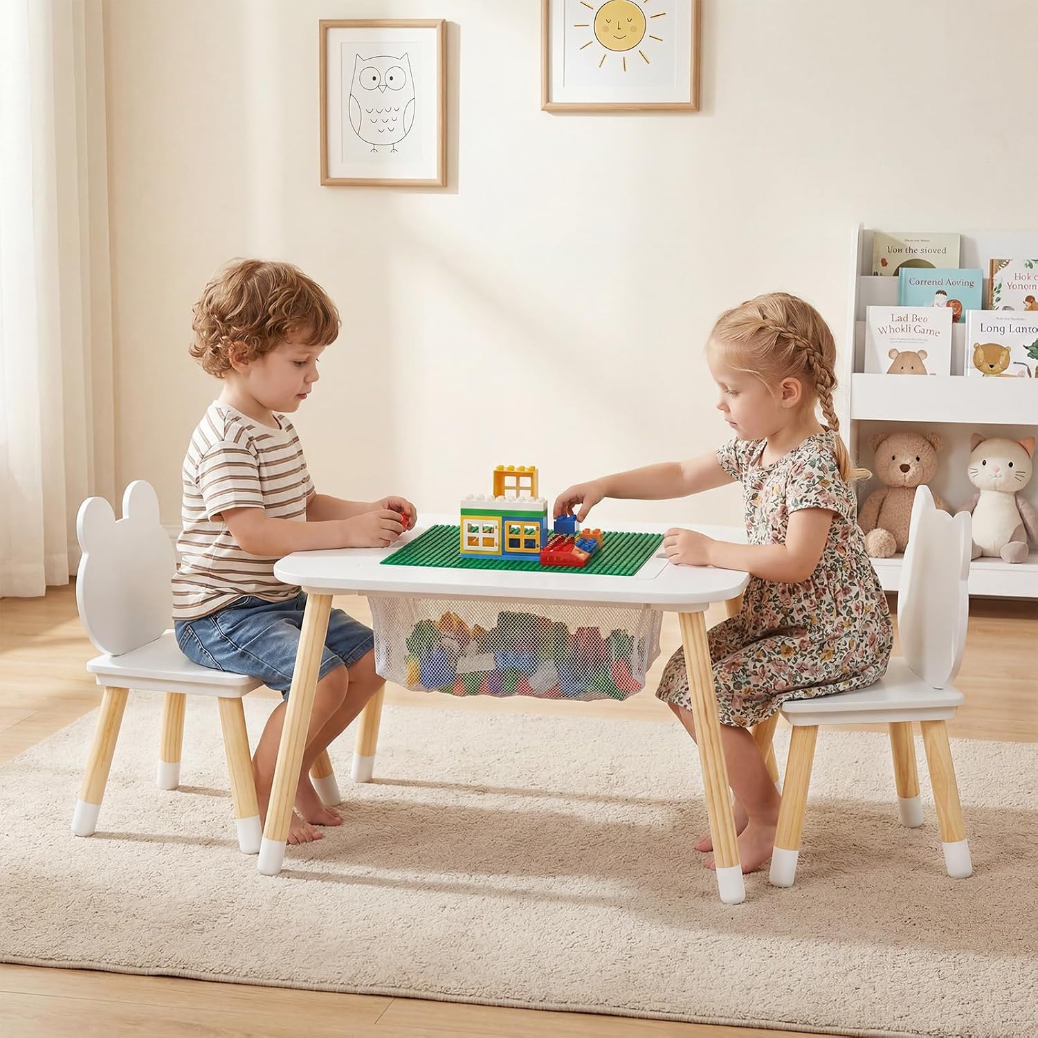 Olakids Kids Table and Chair Set, 4 in 1 Wooden Building Blocks Activity Desk with Reversible Tabletop Storage Basket