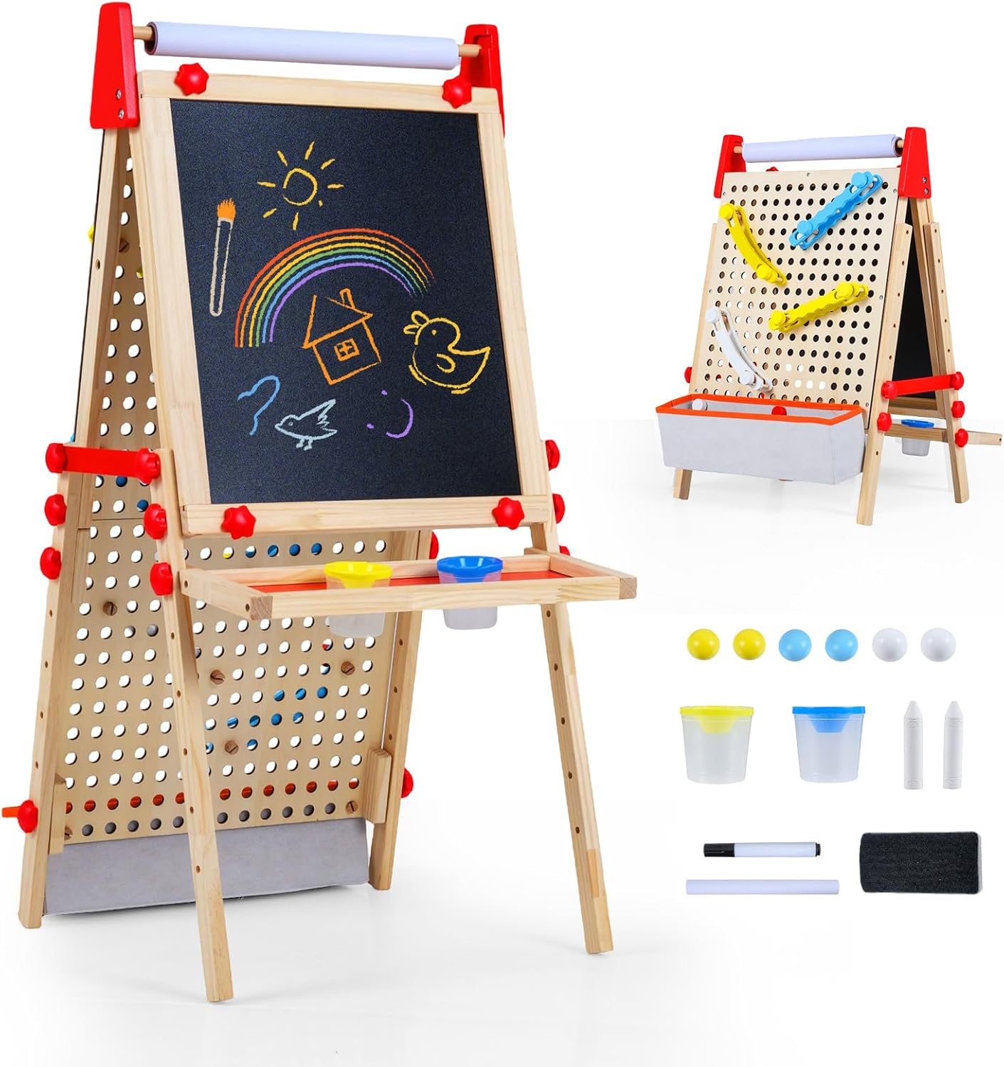 OLAKIDS 4 in 1 Kids Easel: Marble Run, Magnetic Whiteboard, Chalkboard, 6-Level Adjustable Height for Toddlers 3-10