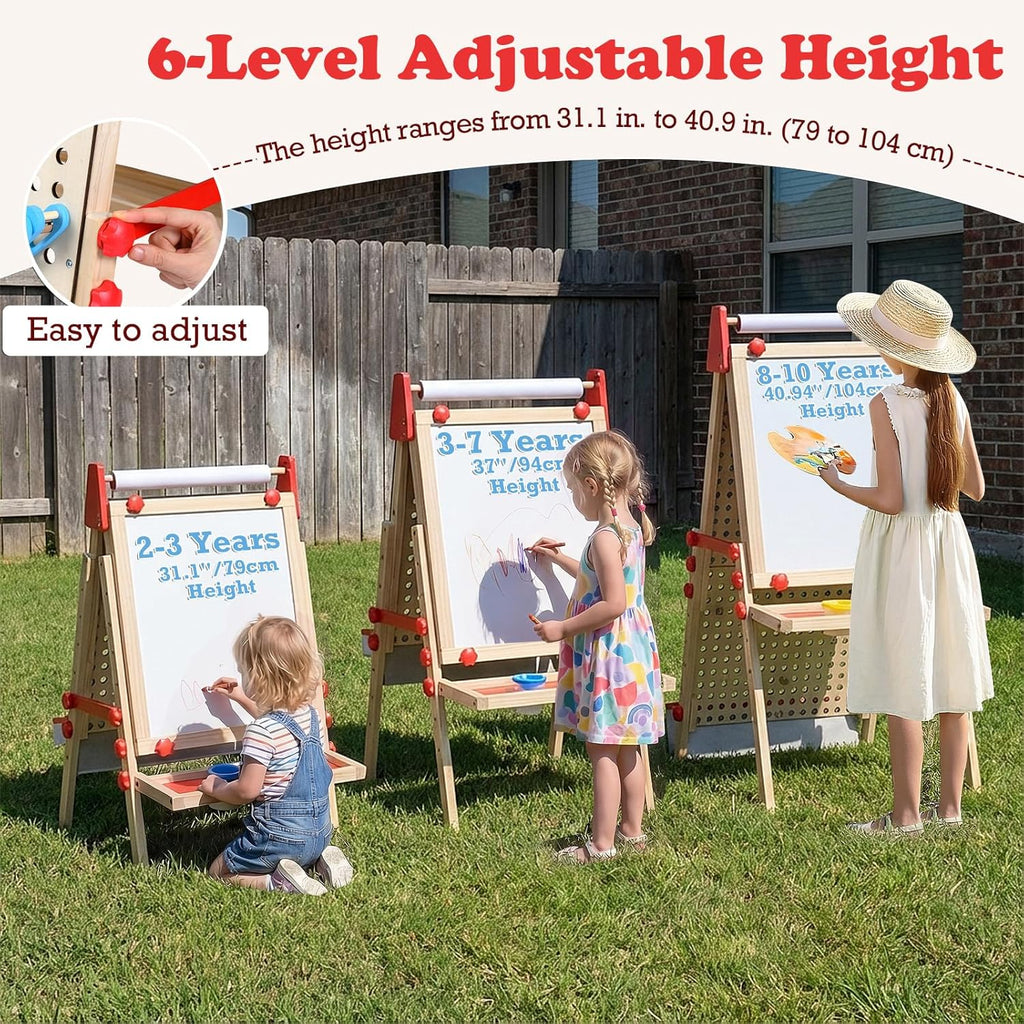 OLAKIDS 4 in 1 Kids Easel: Marble Run, Magnetic Whiteboard, Chalkboard, 6-Level Adjustable Height for Toddlers 3-10