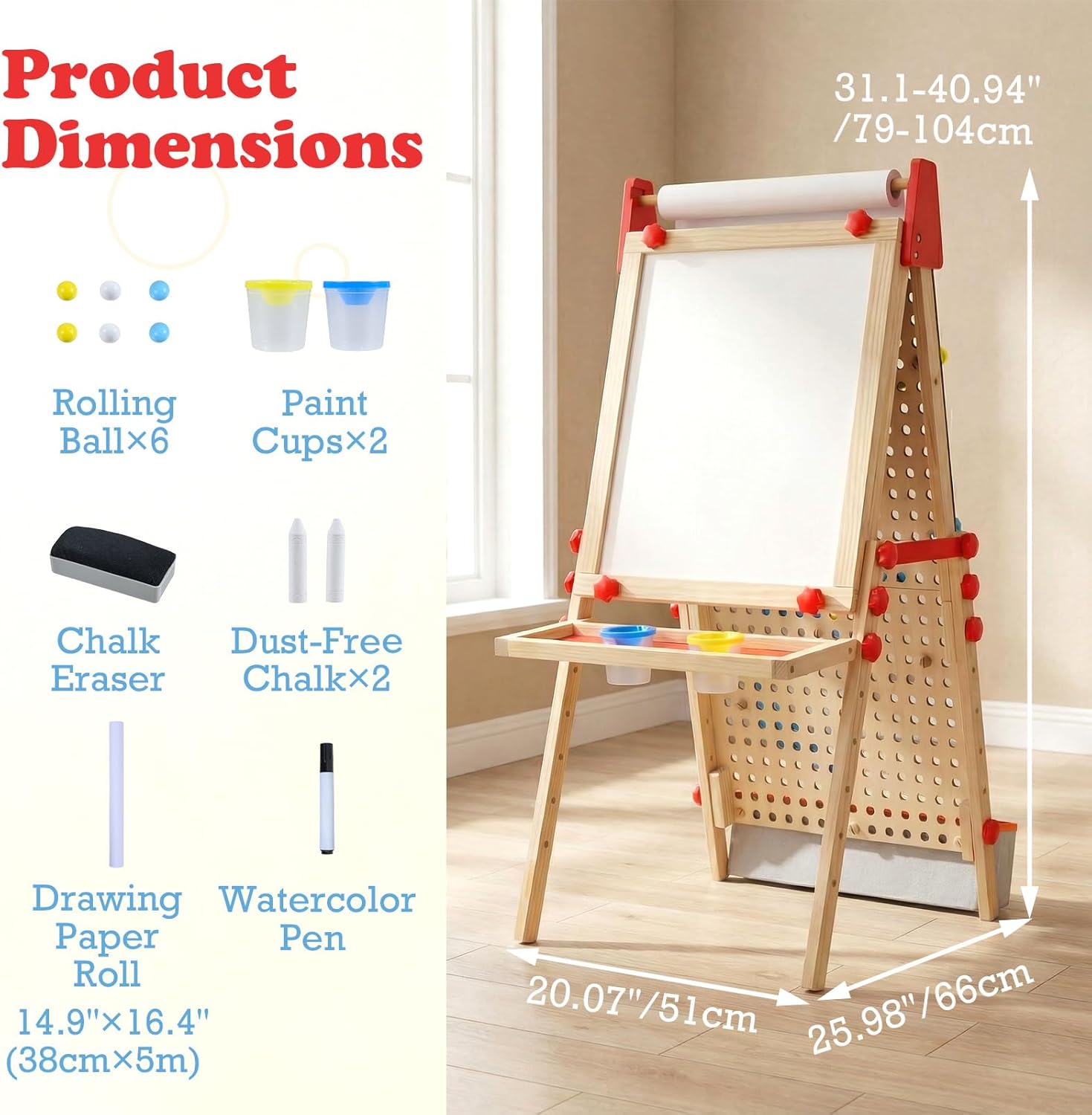 OLAKIDS 4 in 1 Kids Easel: Marble Run, Magnetic Whiteboard, Chalkboard, 6-Level Adjustable Height for Toddlers 3-10