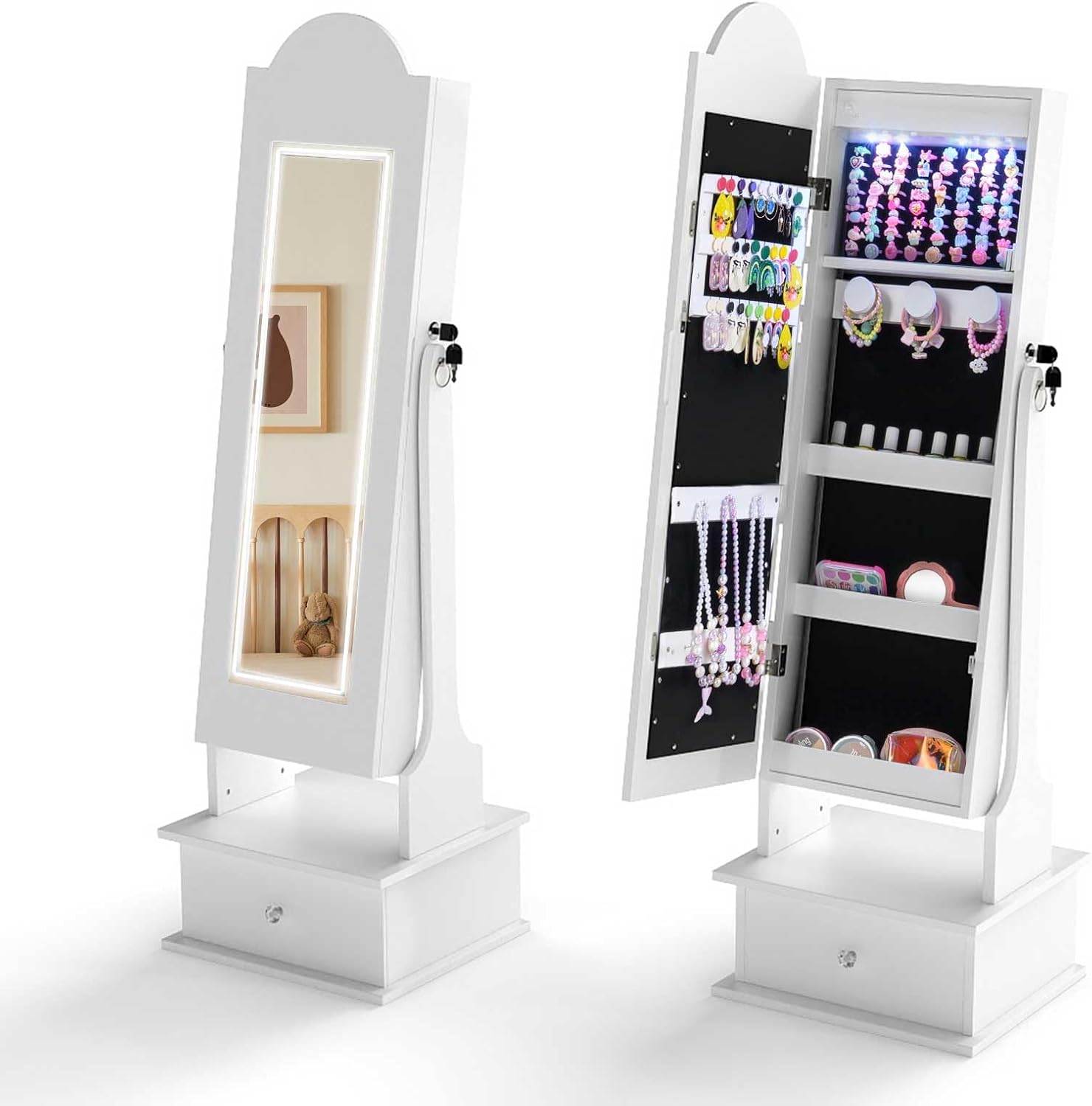 OLAKIDS Kids Jewelry Armoire Cabinet with LED Lights Unicorn Theme Children Vanity Dress Up Storage Rack for Girls