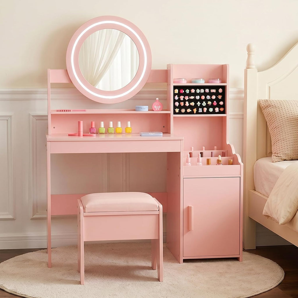 OLAKIDS Kids Vanity with Lights and Mirror, Princess Makeup Table & Chair Set for Girls