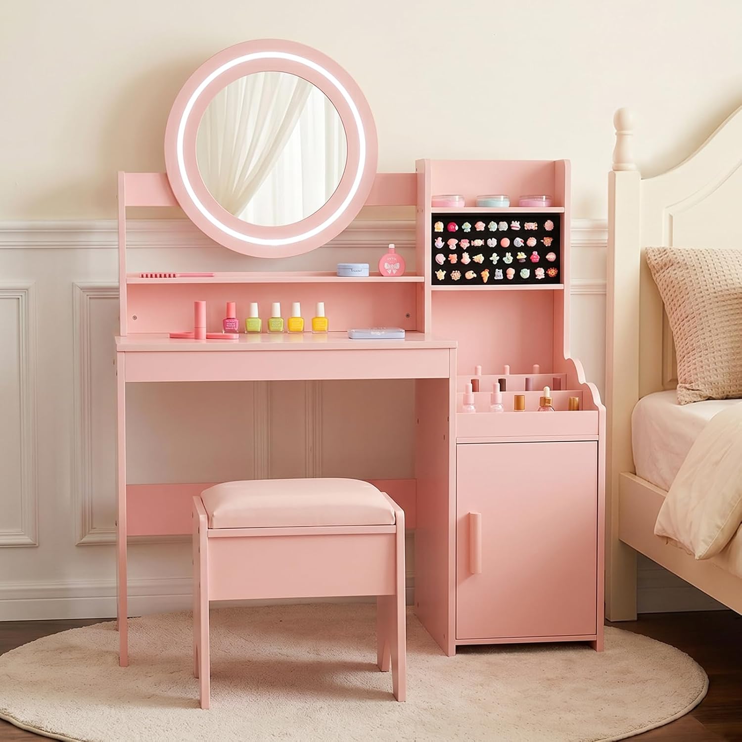 OLAKIDS Kids Vanity with Lights and Mirror, Princess Makeup Table & Chair Set for Girls
