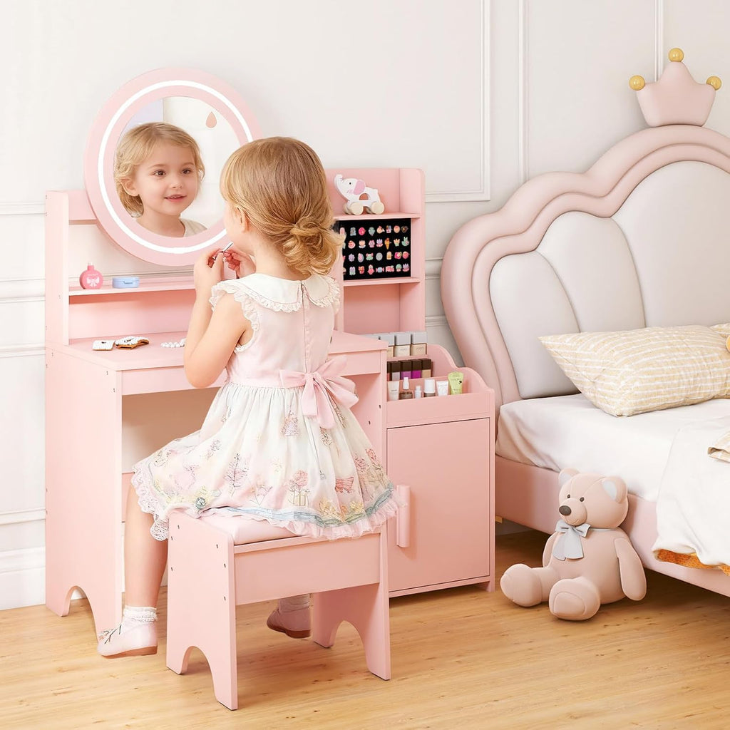 OLAKIDS Kids Vanity with Lights and Mirror, Princess Makeup Table & Chair Set for Girls