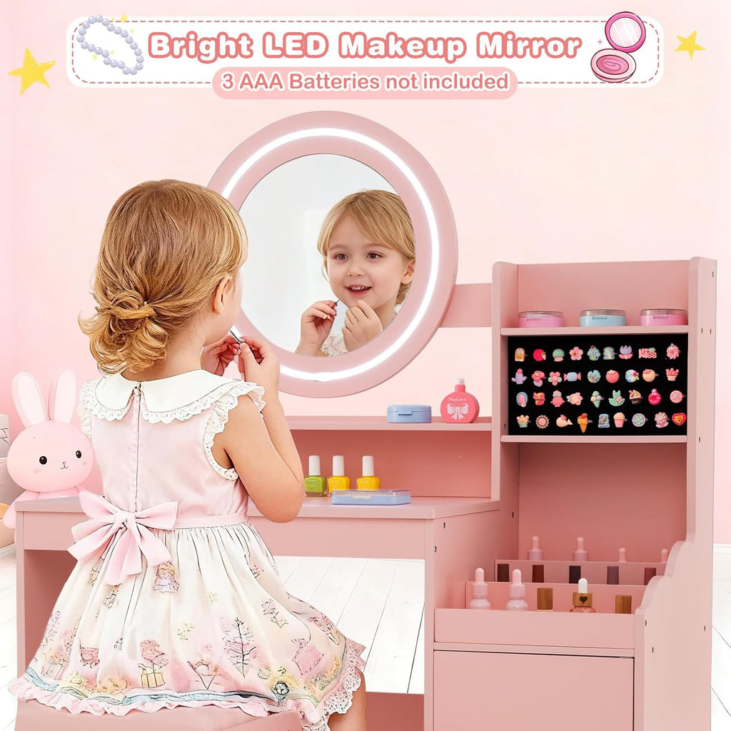 OLAKIDS Kids Vanity with Lights and Mirror, Princess Makeup Table & Chair Set for Girls