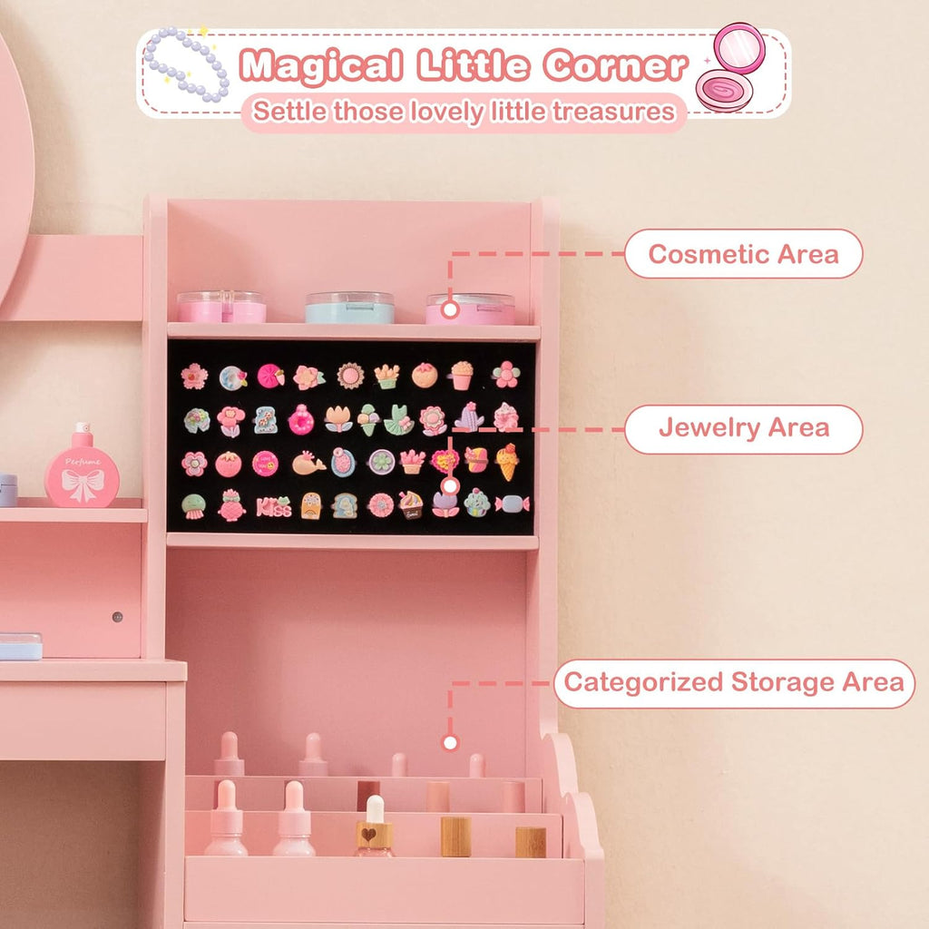 OLAKIDS Kids Vanity with Lights and Mirror, Princess Makeup Table & Chair Set for Girls