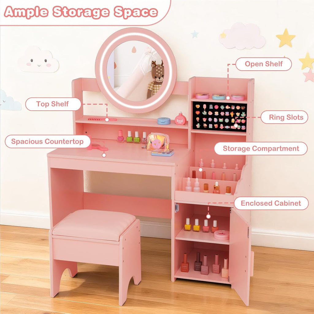 OLAKIDS Kids Vanity with Lights and Mirror, Princess Makeup Table & Chair Set for Girls