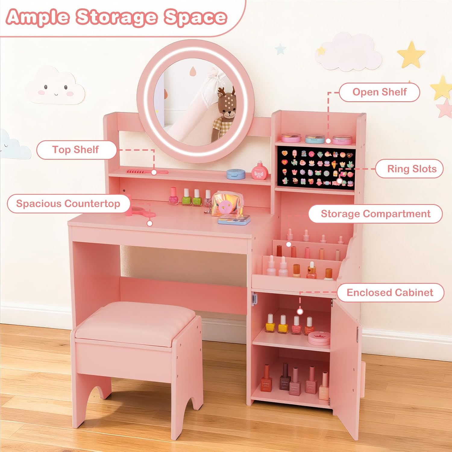 OLAKIDS Kids Vanity with Lights and Mirror, Princess Makeup Table & Chair Set for Girls