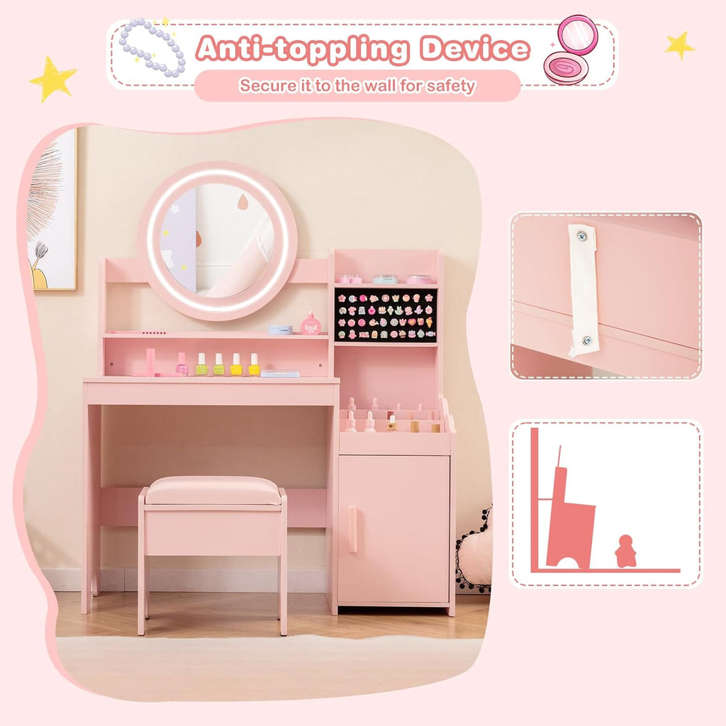 OLAKIDS Kids Vanity with Lights and Mirror, Princess Makeup Table & Chair Set for Girls