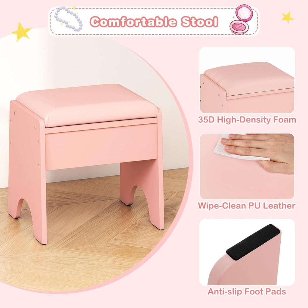 OLAKIDS Kids Vanity with Lights and Mirror, Princess Makeup Table & Chair Set for Girls