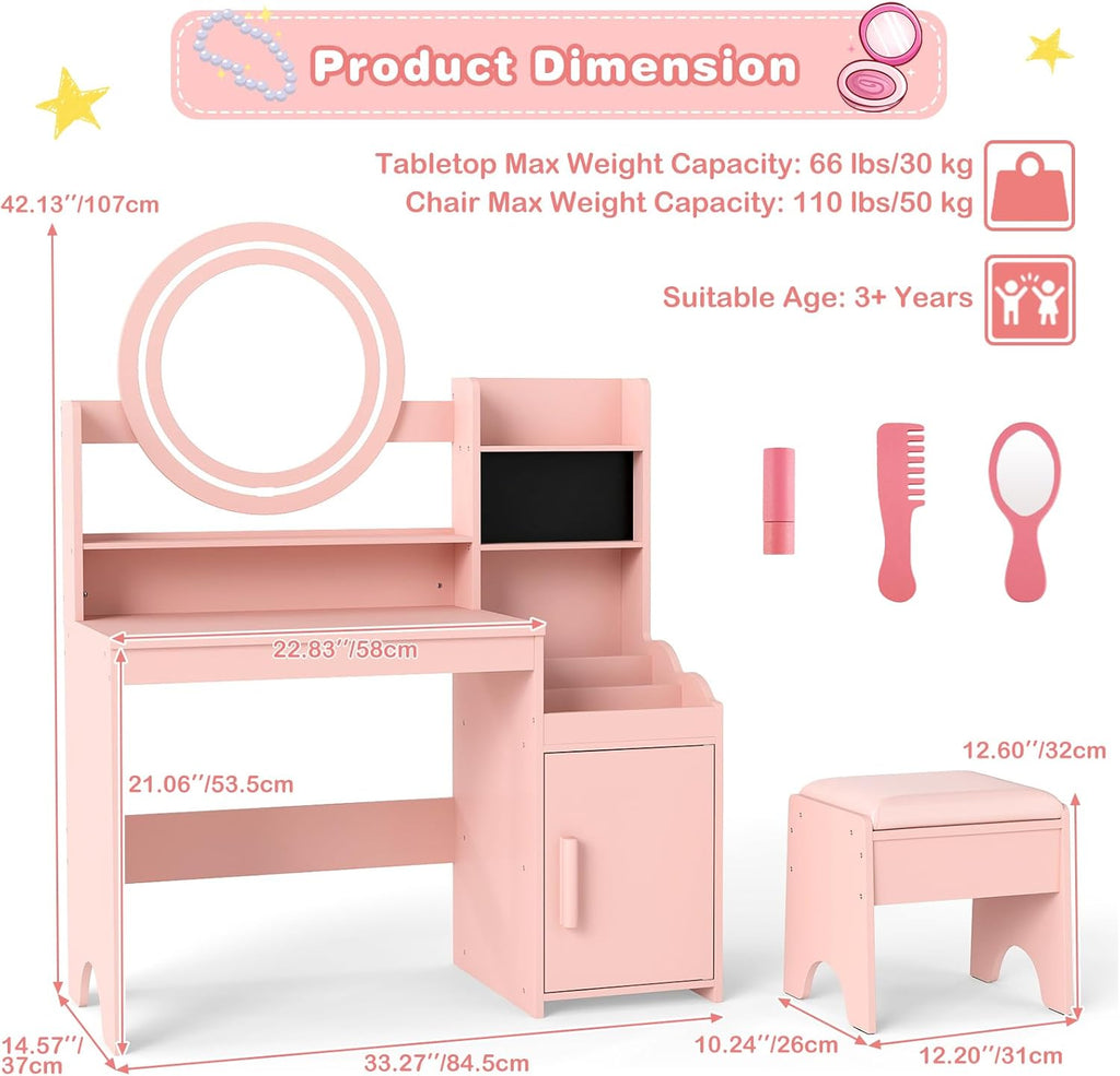 OLAKIDS Kids Vanity with Lights and Mirror, Princess Makeup Table & Chair Set for Girls