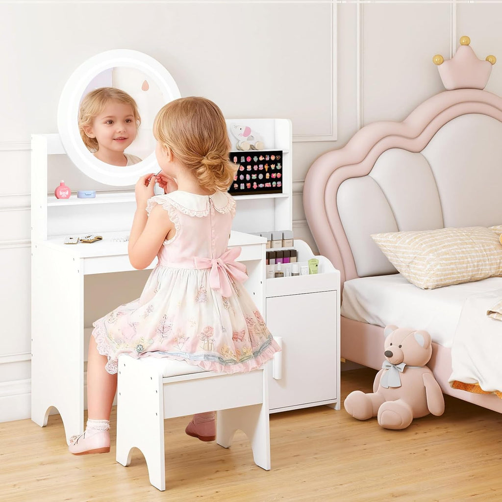 OLAKIDS Kids Vanity with Lights and Mirror, Princess Makeup Table & Chair Set for Girls