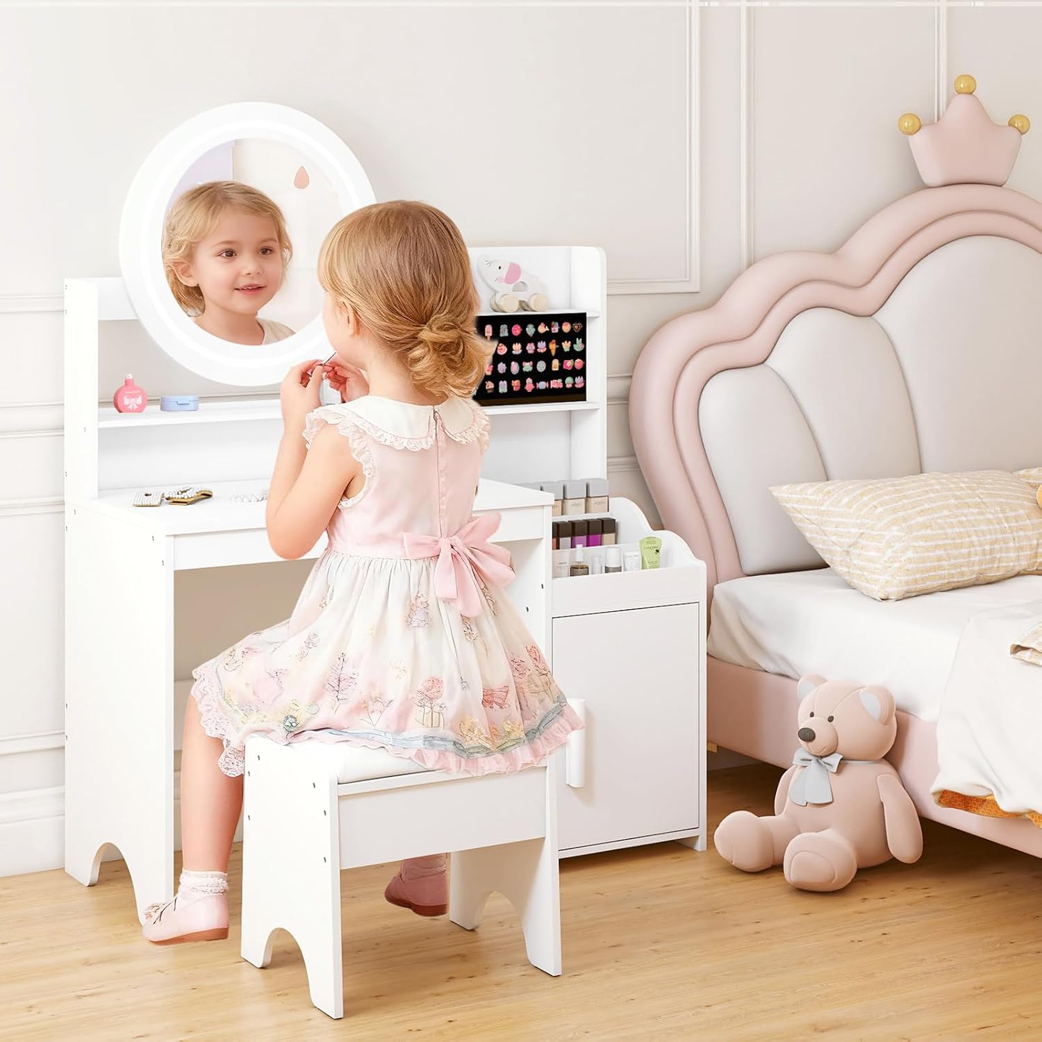OLAKIDS Kids Vanity with Lights and Mirror, Princess Makeup Table & Chair Set for Girls