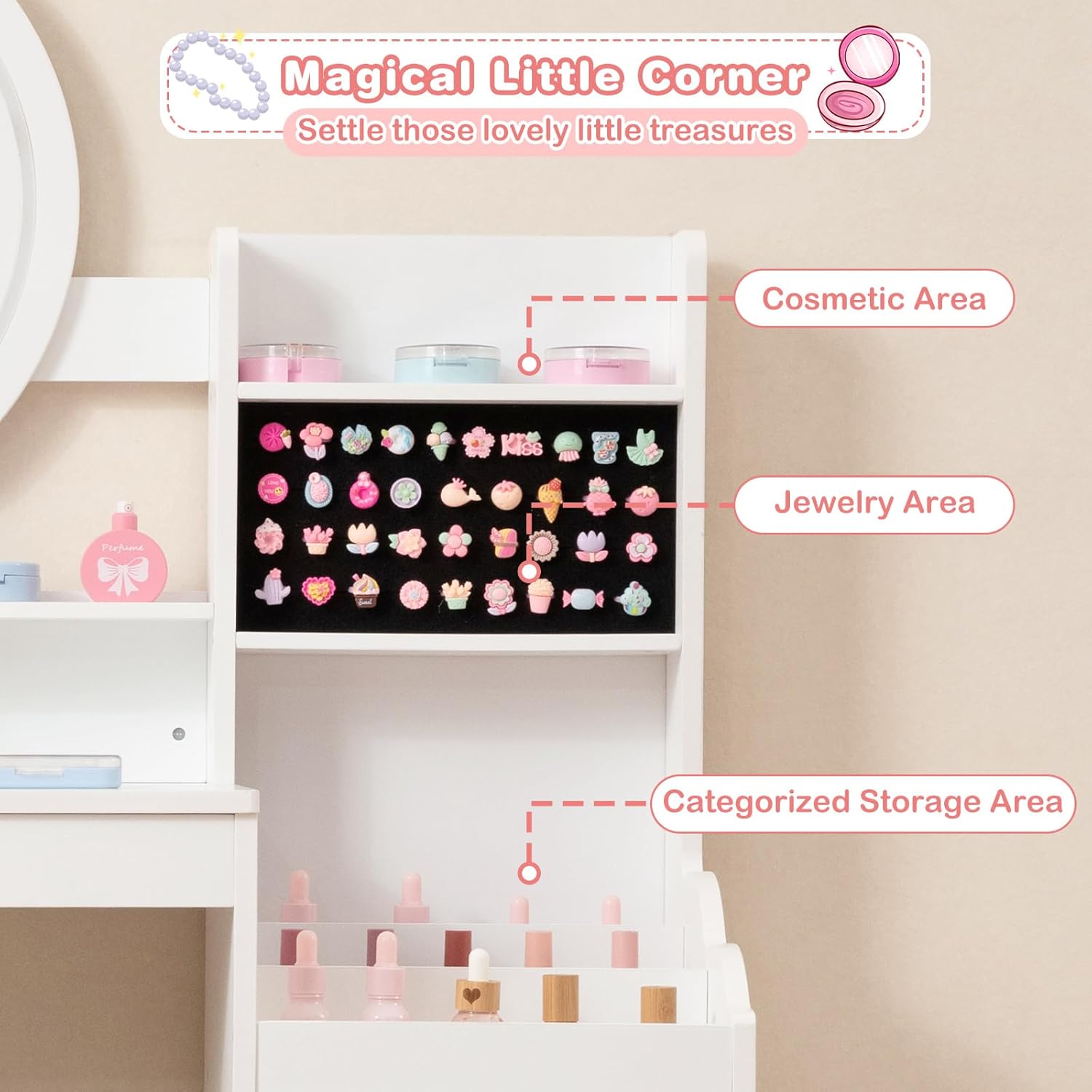 OLAKIDS Kids Vanity with Lights and Mirror, Princess Makeup Table & Chair Set for Girls
