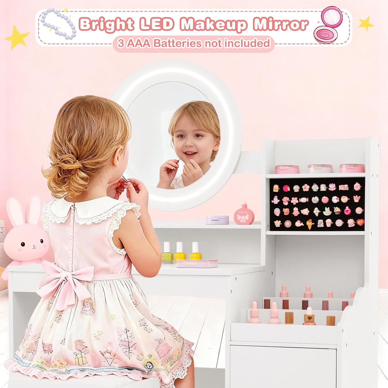 OLAKIDS Kids Vanity with Lights and Mirror, Princess Makeup Table & Chair Set for Girls