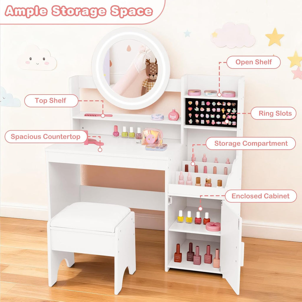 OLAKIDS Kids Vanity with Lights and Mirror, Princess Makeup Table & Chair Set for Girls