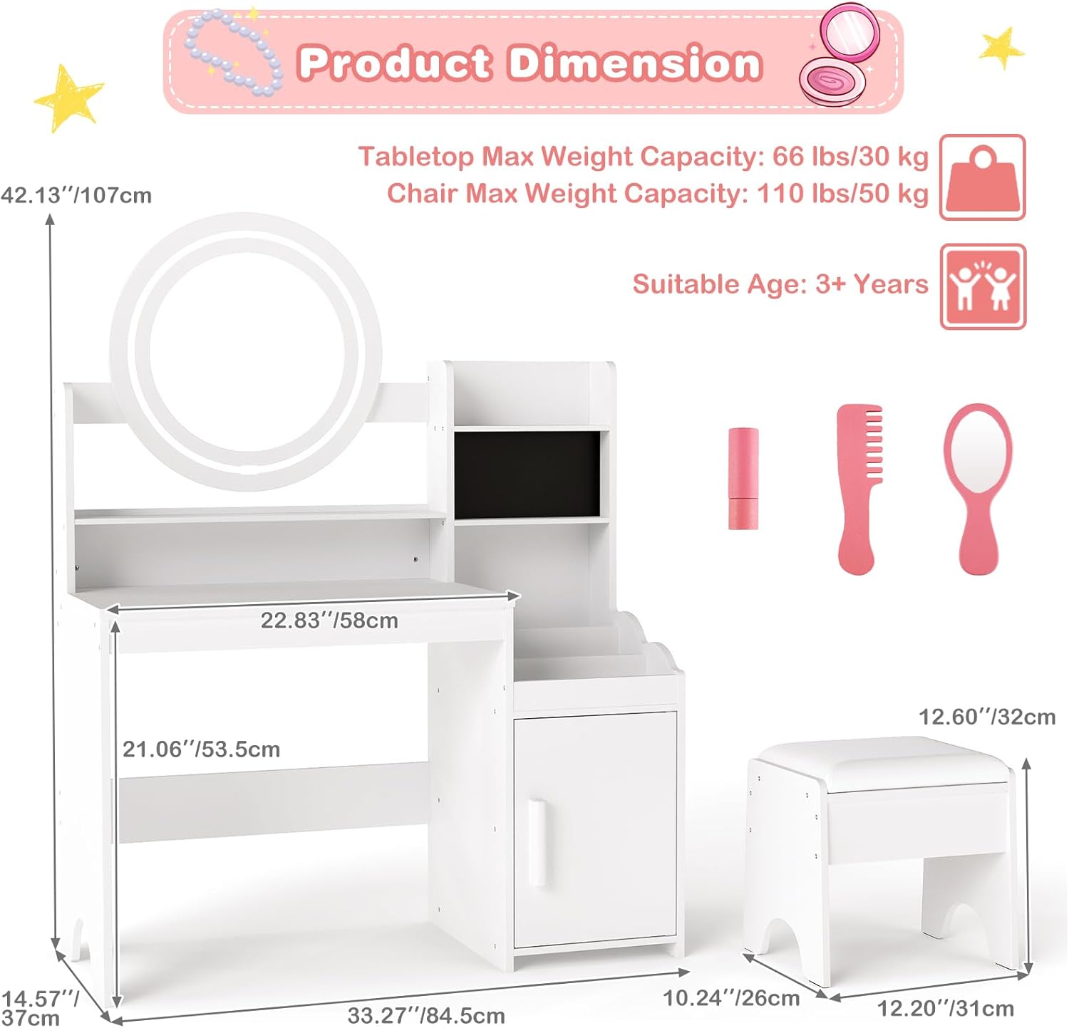 OLAKIDS Kids Vanity with Lights and Mirror, Princess Makeup Table & Chair Set for Girls