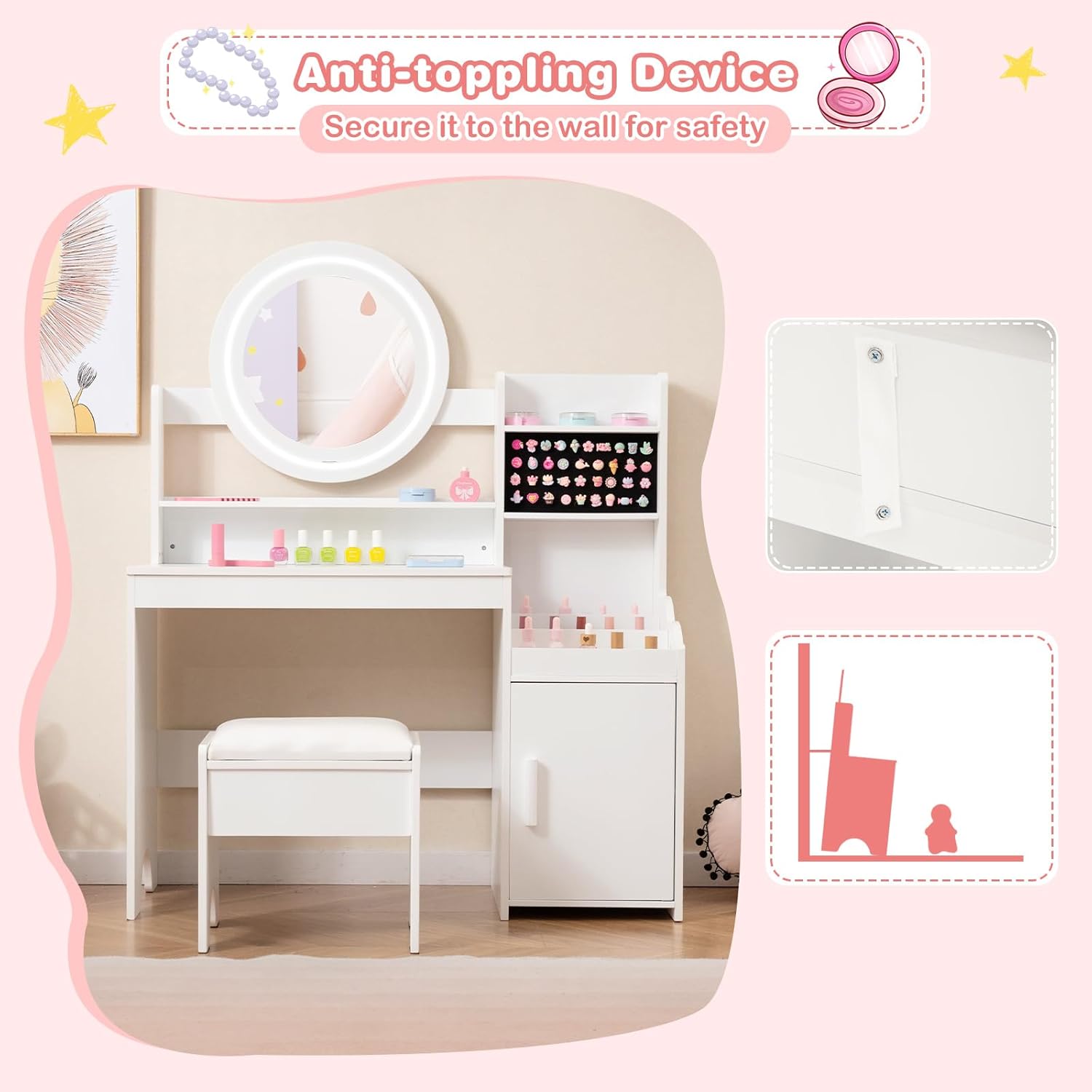 OLAKIDS Kids Vanity with Lights and Mirror, Princess Makeup Table & Chair Set for Girls