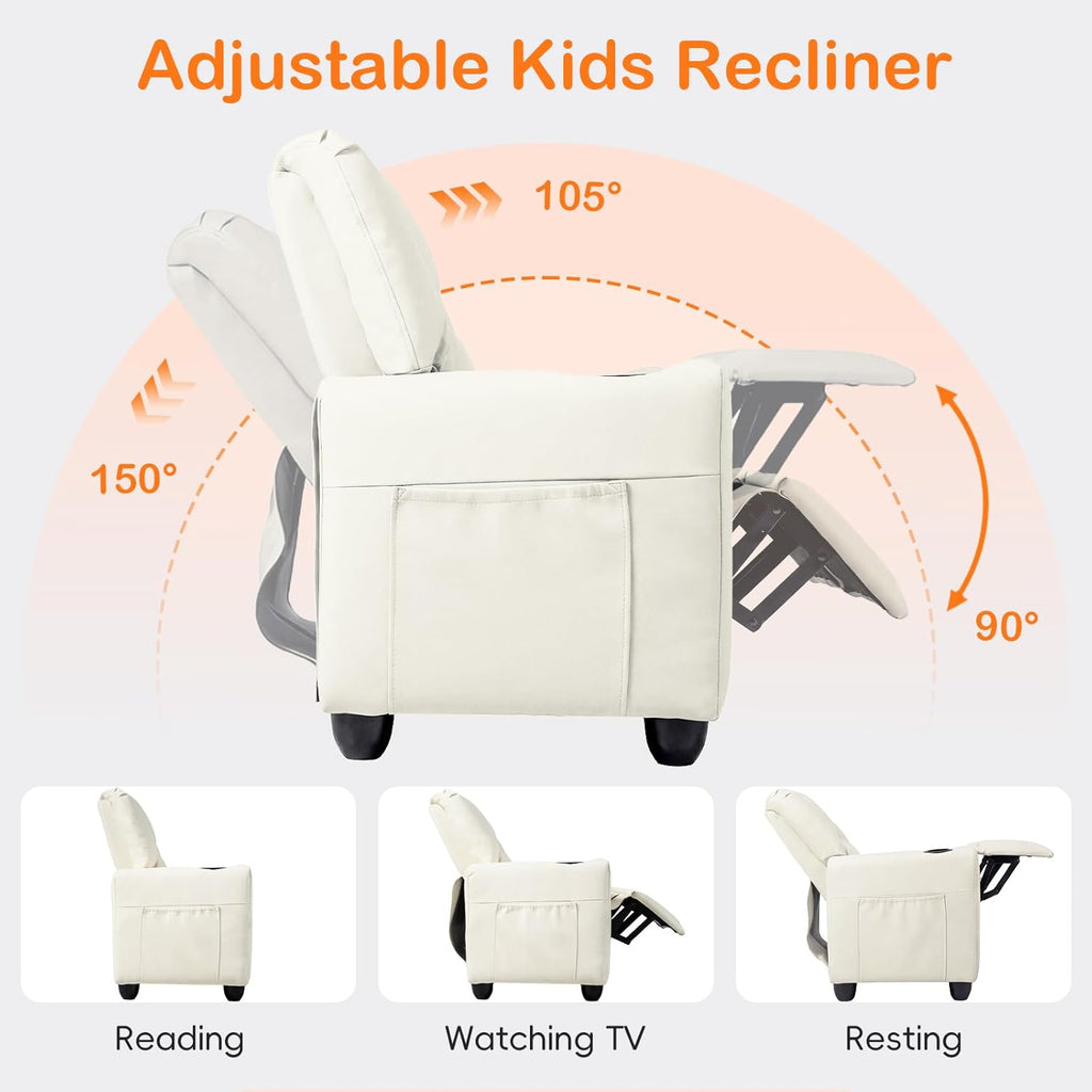 Olakids Kids Recliner, Double Toddler Lounge Chair with 105° to 150° Adjustable Backrest Cup Holder Footrest Side Pockets, PU Leather Children Couch