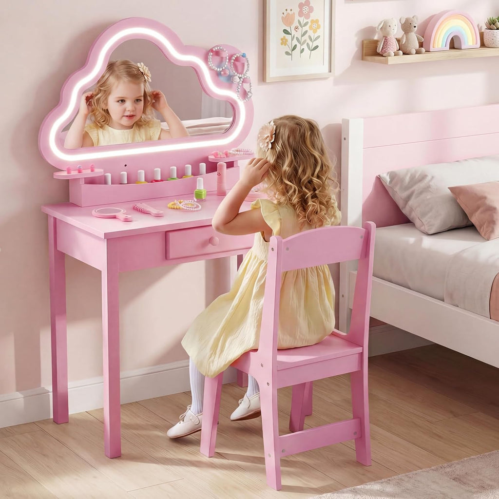 Olakids Kids Vanity with Lights, Princess Makeup Dressing Desk Toddler Table and Chair Set Pretend Playset for Girls Aged 3-6