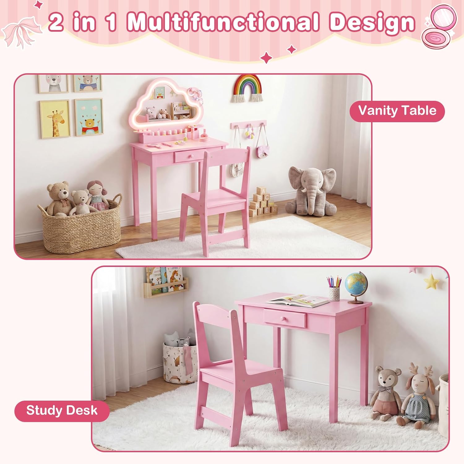Olakids Kids Vanity with Lights, Princess Makeup Dressing Desk Toddler Table and Chair Set Pretend Playset for Girls Aged 3-6