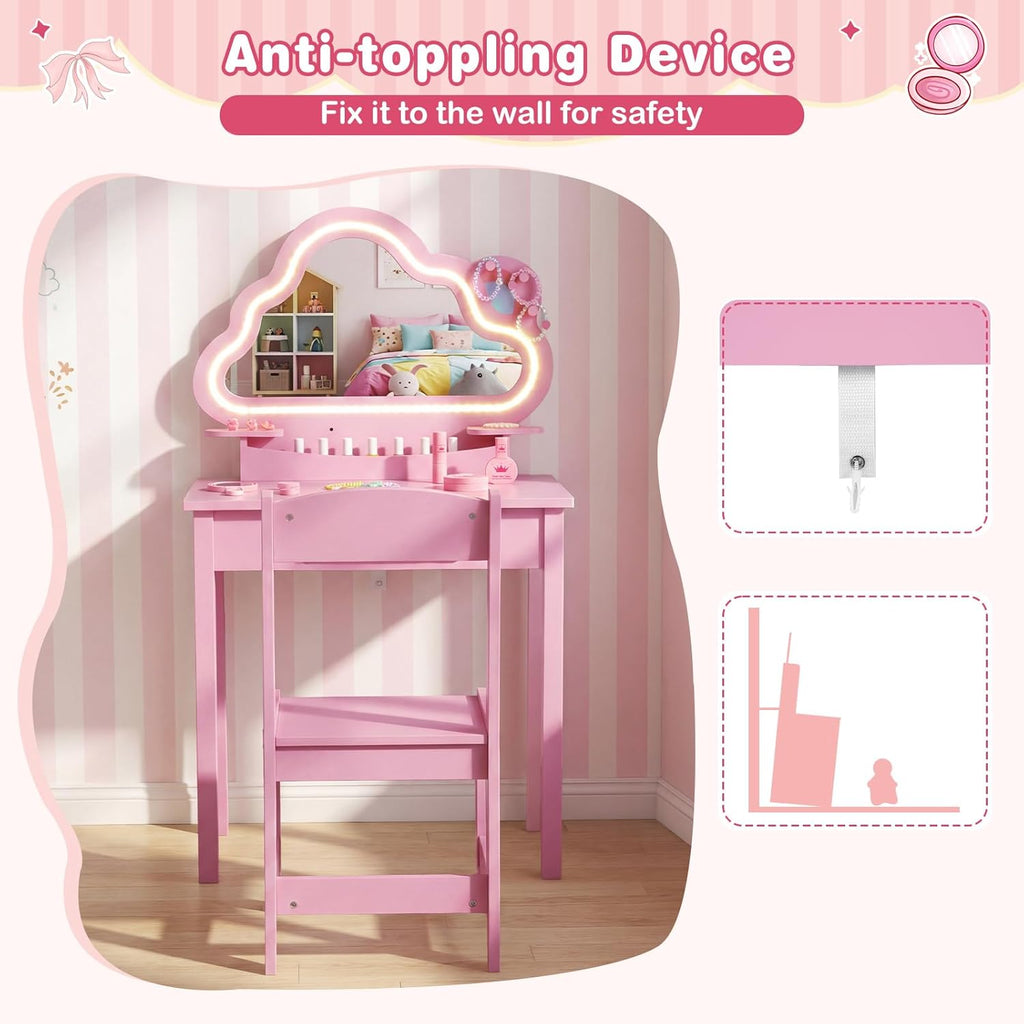 Olakids Kids Vanity with Lights, Princess Makeup Dressing Desk Toddler Table and Chair Set Pretend Playset for Girls Aged 3-6