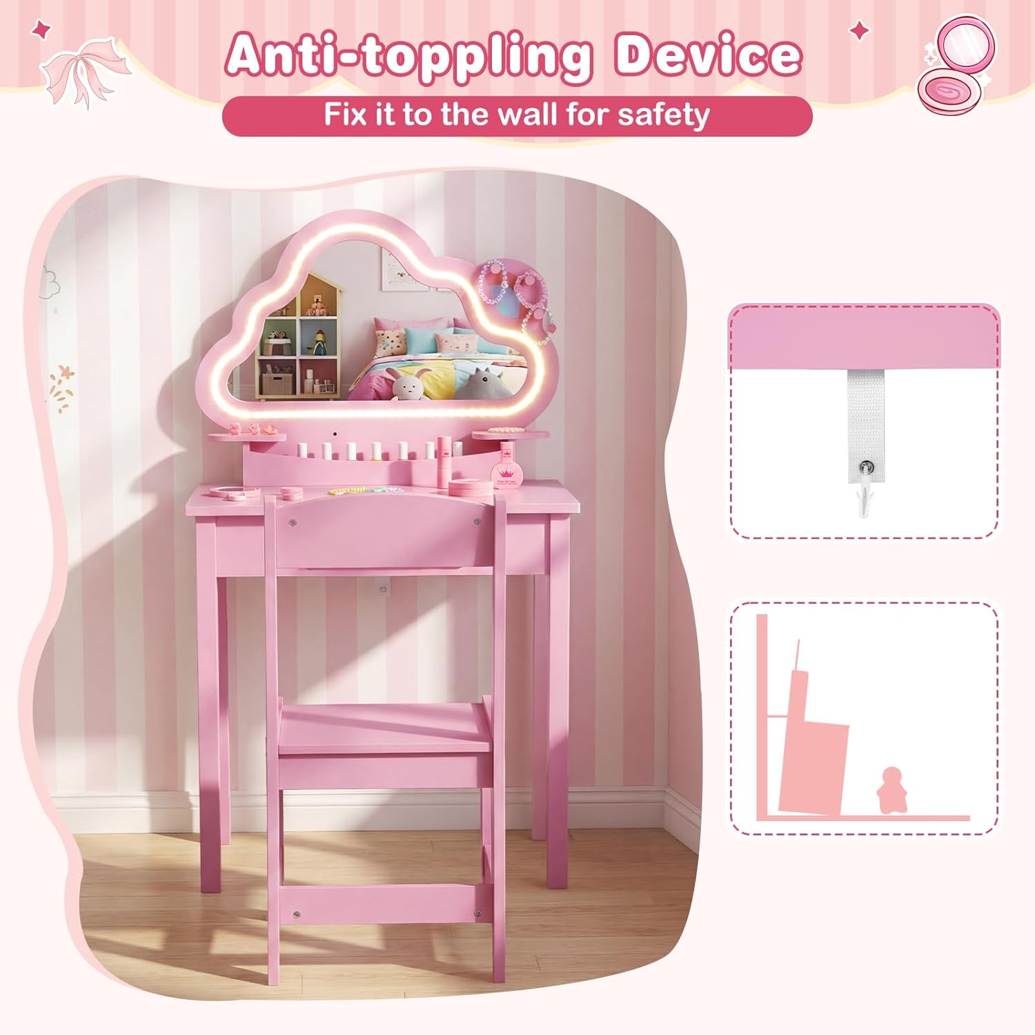 Olakids Kids Vanity with Lights, Princess Makeup Dressing Desk Toddler Table and Chair Set Pretend Playset for Girls Aged 3-6