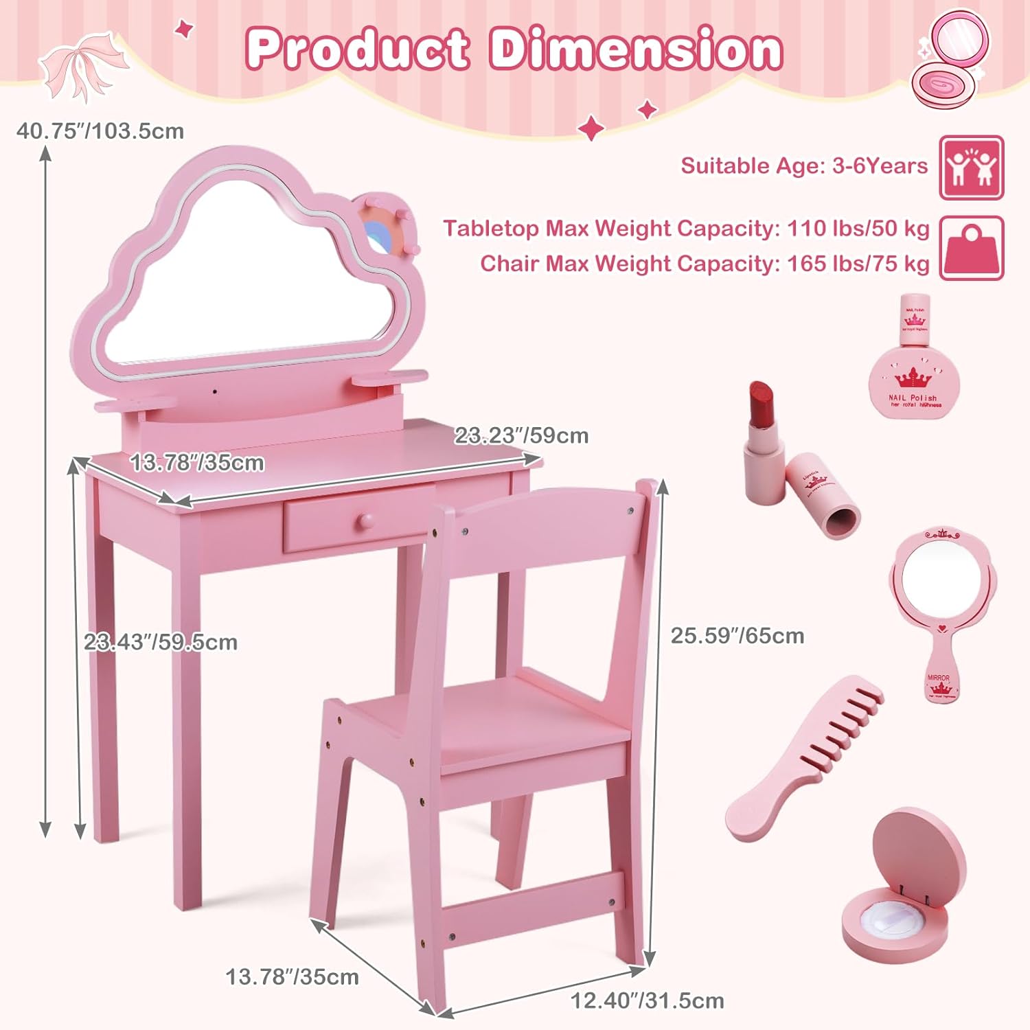 Olakids Kids Vanity with Lights, Princess Makeup Dressing Desk Toddler Table and Chair Set Pretend Playset for Girls Aged 3-6