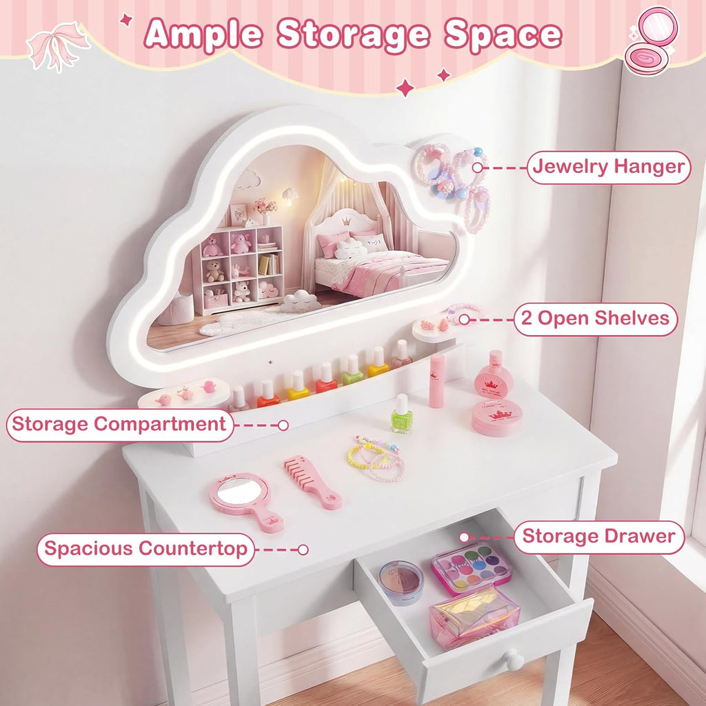 Olakids Kids Vanity with Lights, Princess Makeup Dressing Desk Toddler Table and Chair Set Pretend Playset for Girls Aged 3-6