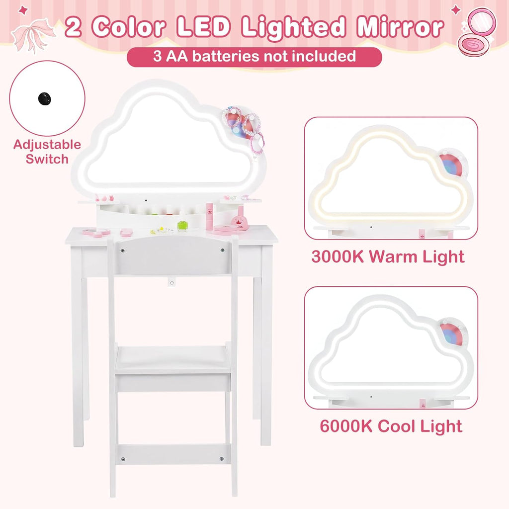 Olakids Kids Vanity with Lights, Princess Makeup Dressing Desk Toddler Table and Chair Set Pretend Playset for Girls Aged 3-6
