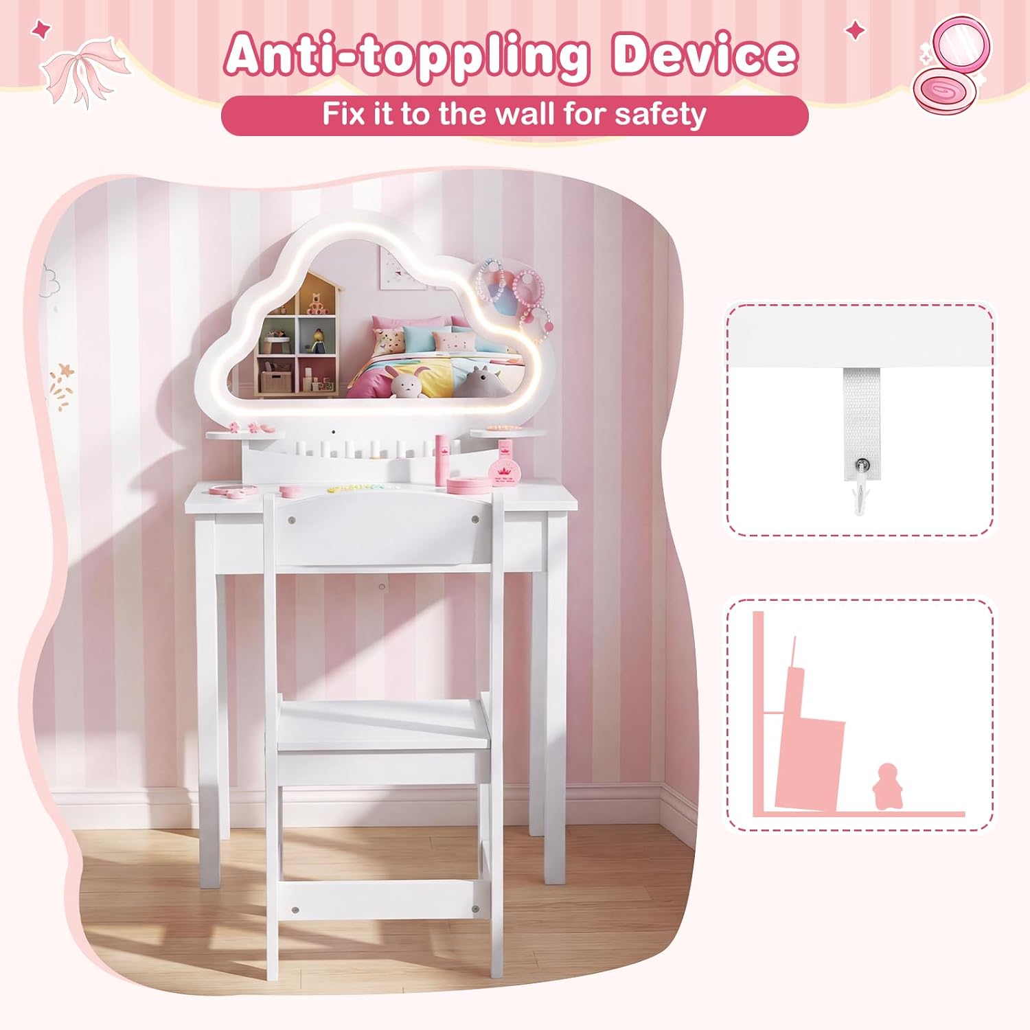 Olakids Kids Vanity with Lights, Princess Makeup Dressing Desk Toddler Table and Chair Set Pretend Playset for Girls Aged 3-6