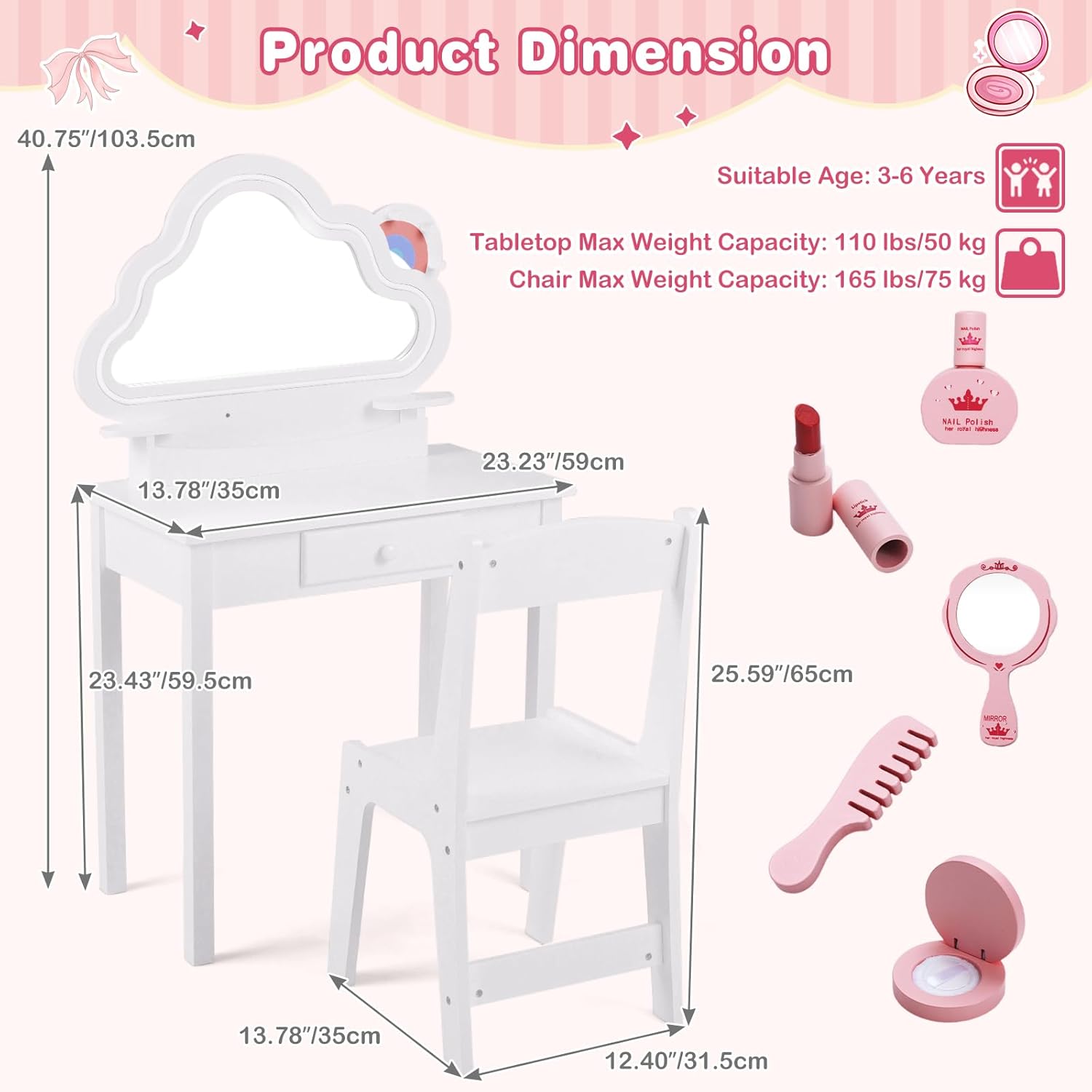 Olakids Kids Vanity with Lights, Princess Makeup Dressing Desk Toddler Table and Chair Set Pretend Playset for Girls Aged 3-6