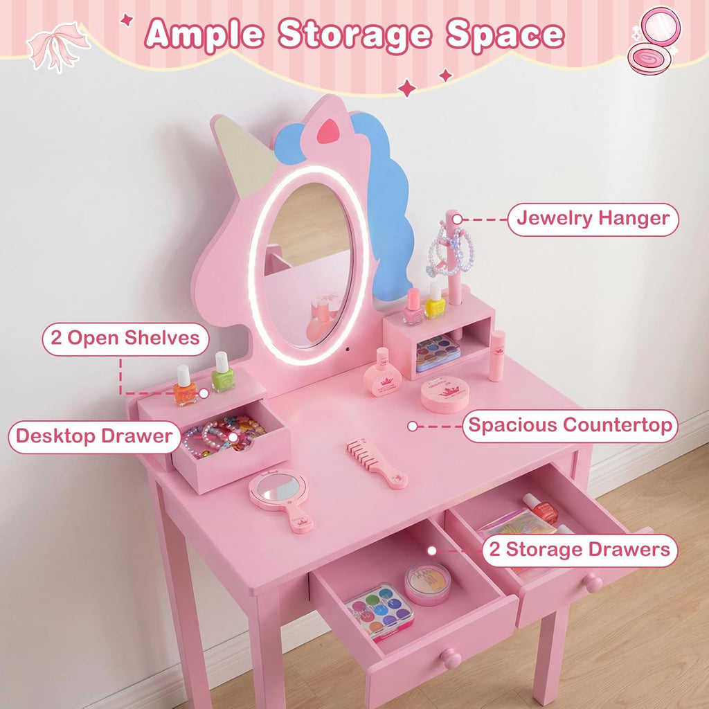 Olakids Kids Vanity with Lights, Princess Makeup Dressing Desk Toddler Table and Chair Set Pretend Playset for Girls Aged 3-6