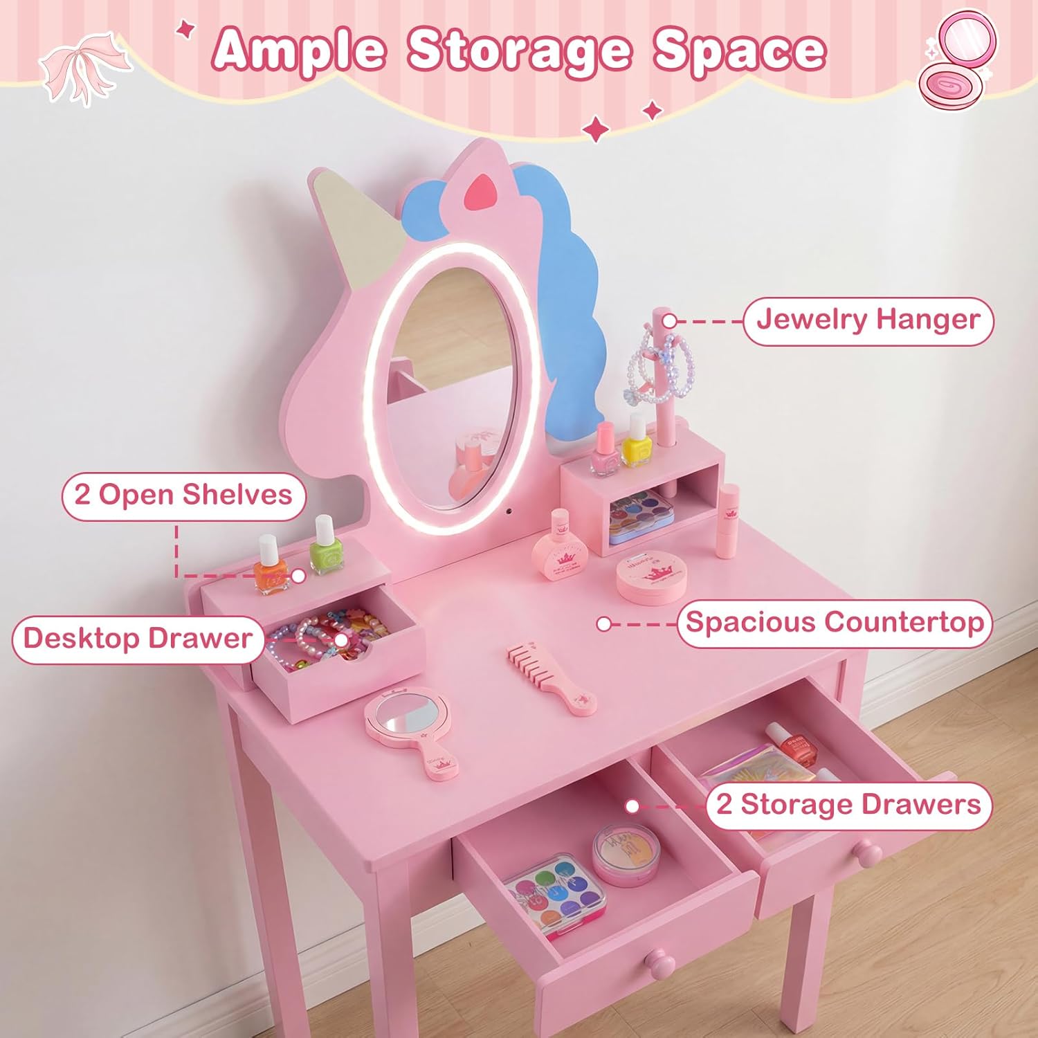 Olakids Kids Vanity with Lights, Princess Makeup Dressing Desk Toddler Table and Chair Set Pretend Playset for Girls Aged 3-6