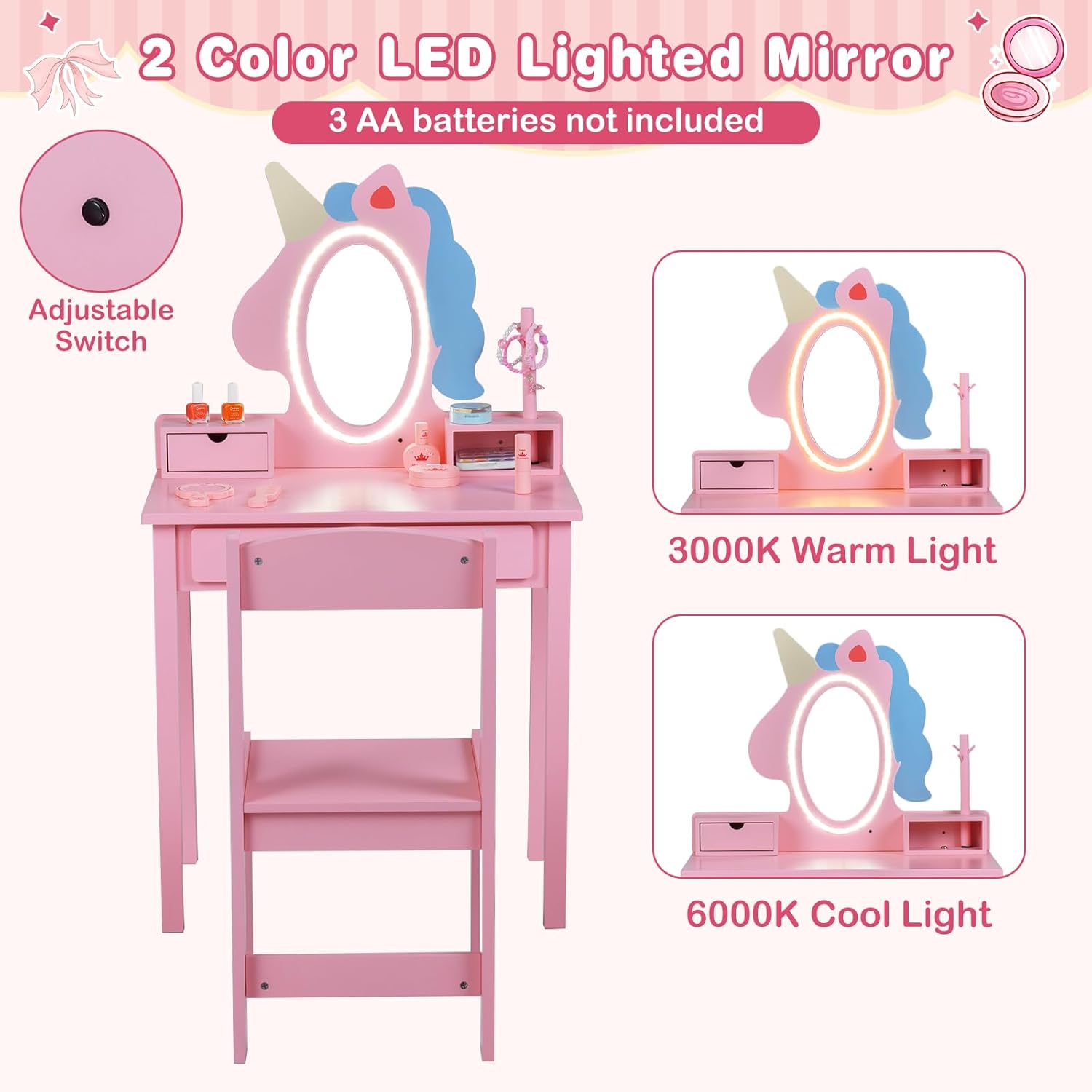 Olakids Kids Vanity with Lights, Princess Makeup Dressing Desk Toddler Table and Chair Set Pretend Playset for Girls Aged 3-6