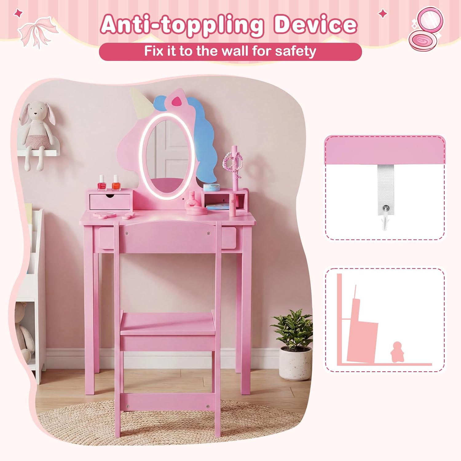 Olakids Kids Vanity with Lights, Princess Makeup Dressing Desk Toddler Table and Chair Set Pretend Playset for Girls Aged 3-6